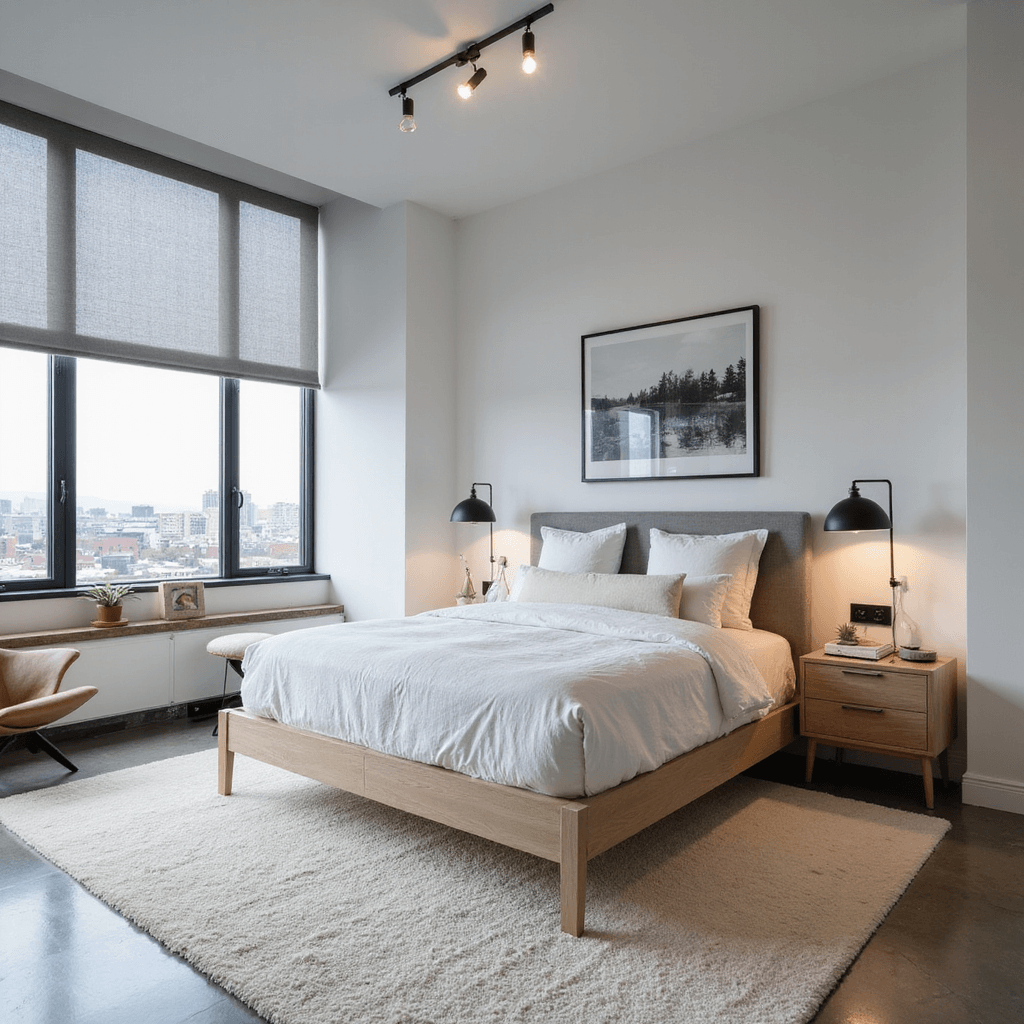 A modern minimalist primary bedroom features floor-to-ceiling windows with city views, a pale oak platform bed with asymmetrical built-in nightstands, and a dove gray upholstered headboard. Sculptural black metal lamps illuminate a monochromatic artwork series above the headboard, while plush cream carpet contrasts with concrete floors. A cognac leather reading chair adds warmth, and automated gray linen shades frame the windows. Hidden LED strips provide atmospheric lighting in the early morning shot.