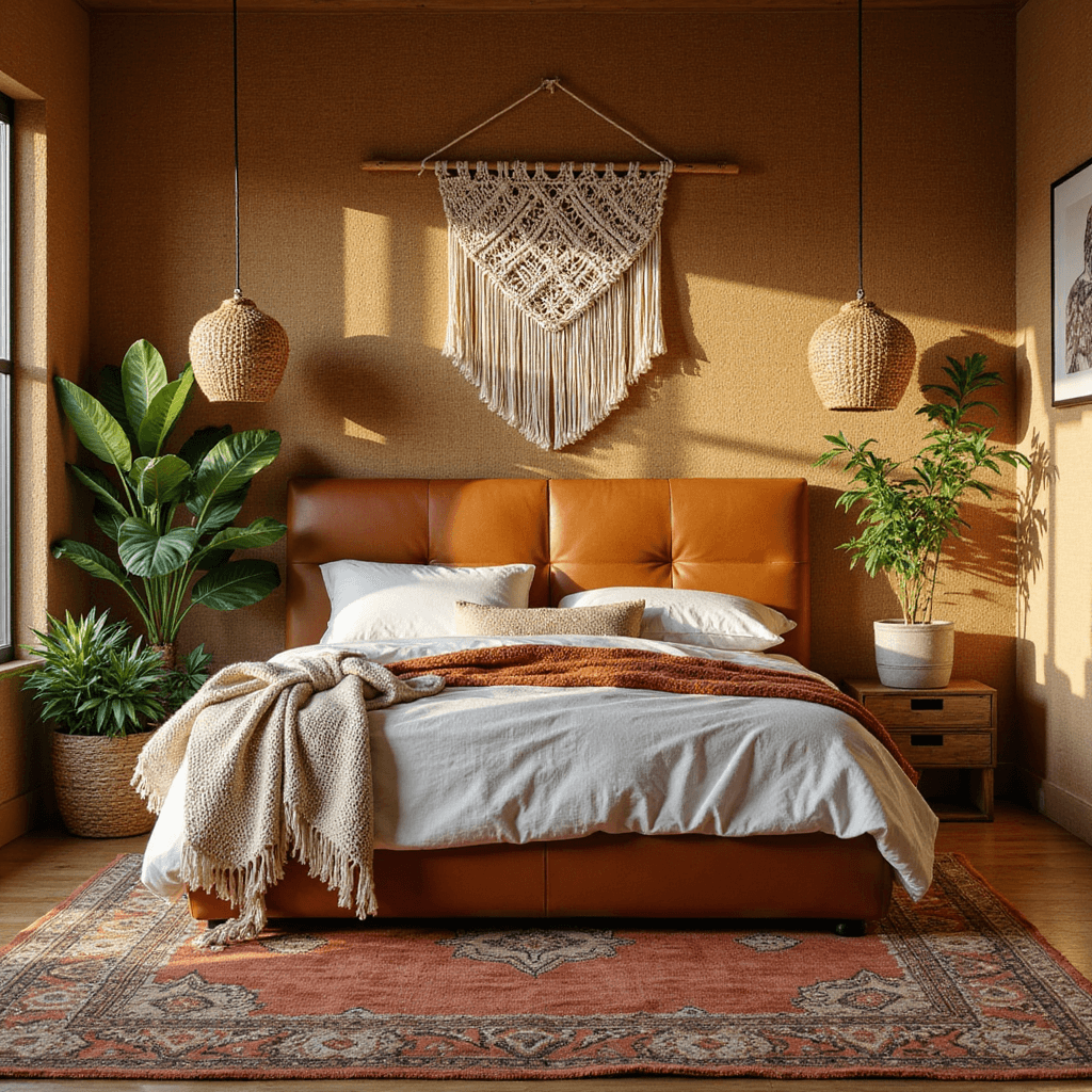 A bohemian-inspired primary bedroom featuring a large cognac leather headboard against textured grasscloth wallpaper, layered vintage Moroccan rugs, a macramé wall hanging, and rattan pendant lights, all bathed in warm golden hour light with abundant greenery.