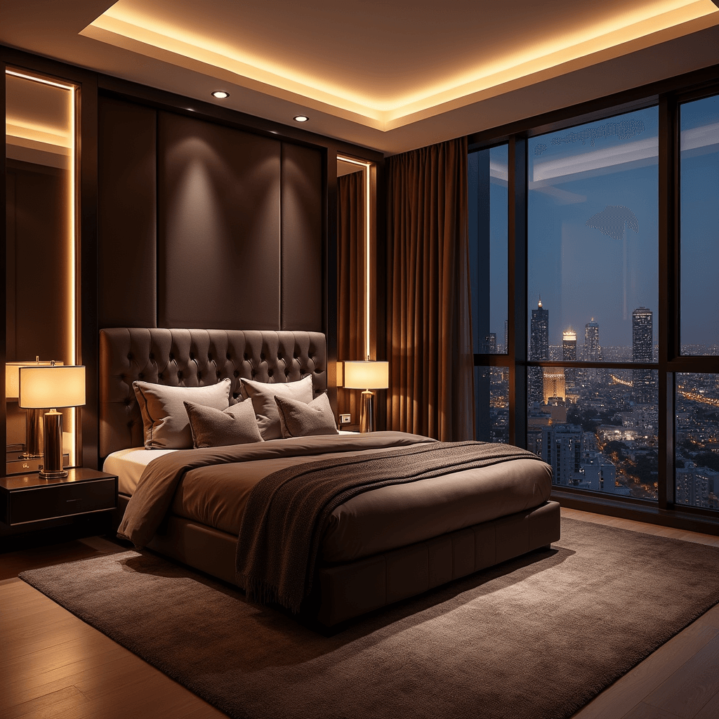 Contemporary twilight bedroom featuring a dark chocolate velvet bed with sheer copper-threaded drapery, polished bronze mirror accents, and ambient LED uplighting; expansive city views visible through floor-to-ceiling windows, set on plush brown-grey carpet.