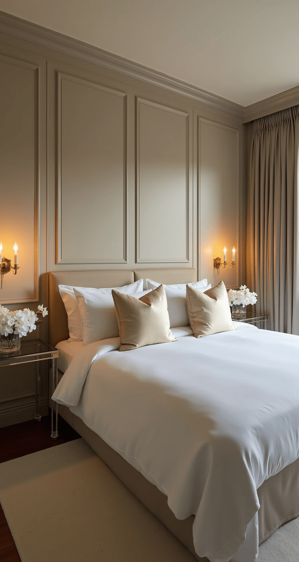 Luxurious bedroom sanctuary at twilight featuring a king bed with white Italian linens and champagne silk pillows against a warm greige paneled accent wall. Brass sconces cast ambient light, while lucite bedside tables hold white orchids. A plush cream carpet and floor-length velvet drapes enhance the serene atmosphere.