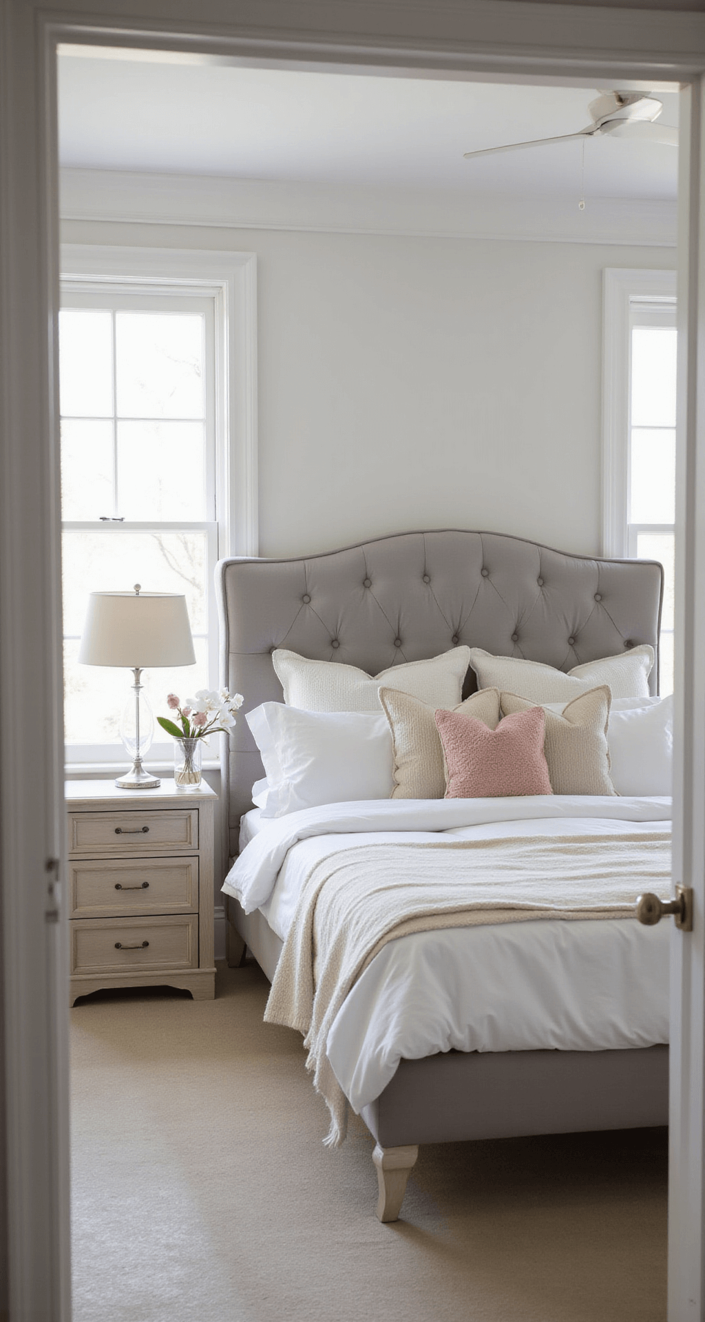 A serene master bedroom at dawn features a king bed with cloud-white linens and a champagne silk duvet, accompanied by a dove grey velvet headboard. Bleached oak nightstands with crystal lamps flank the bed, and soft morning light enhances the ethereal feel. Stylish accents include cashmere throws, stacked pillows, and a single orchid, with a color palette of whites, soft greys, champagne, and blush.