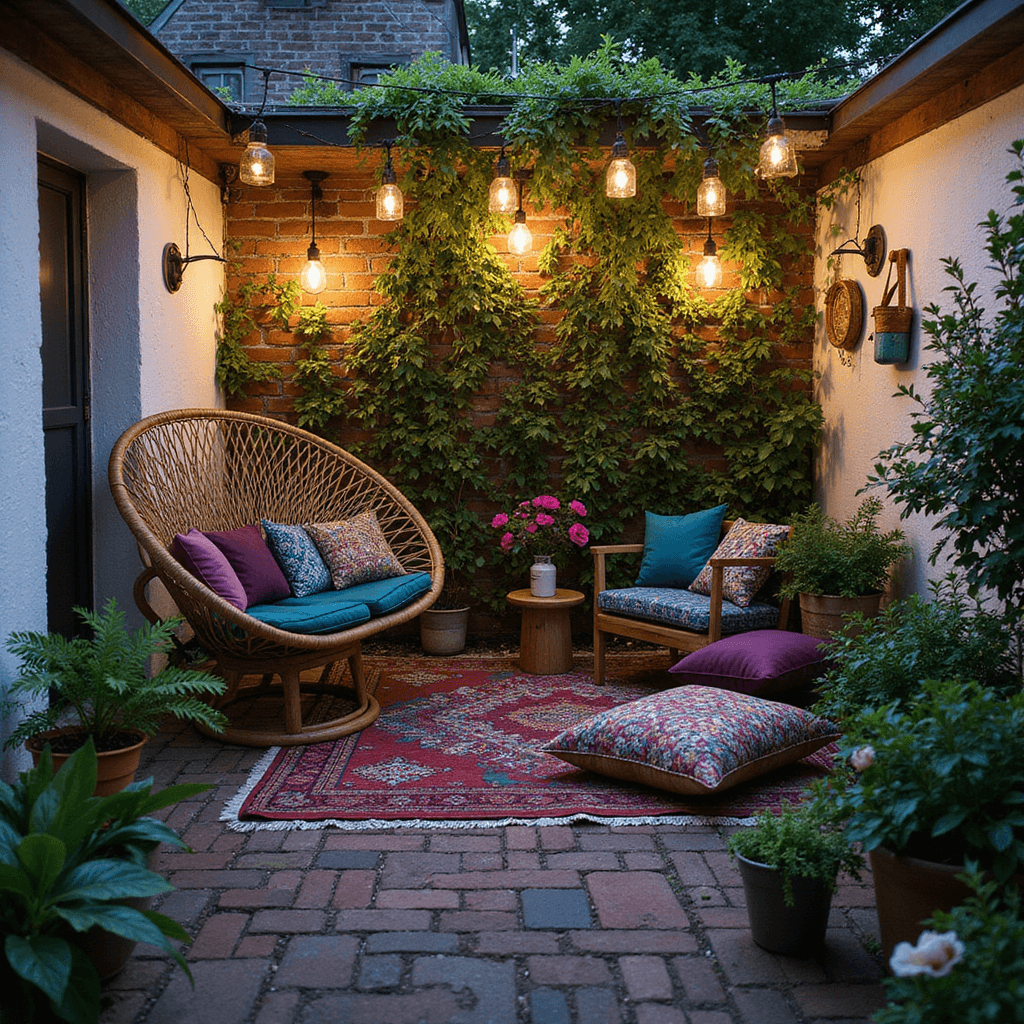 Bird's eye view of a cozy 12x18ft garden nook at dusk, featuring a vintage rattan peacock chair, layered Moroccan rugs, and floor cushions in jewel tones on a weathered brick patio, surrounded by a vertical garden wall of trailing plants and climbing roses, with brass lanterns and mason jar lights creating a warm, intimate atmosphere against whitewashed walls.