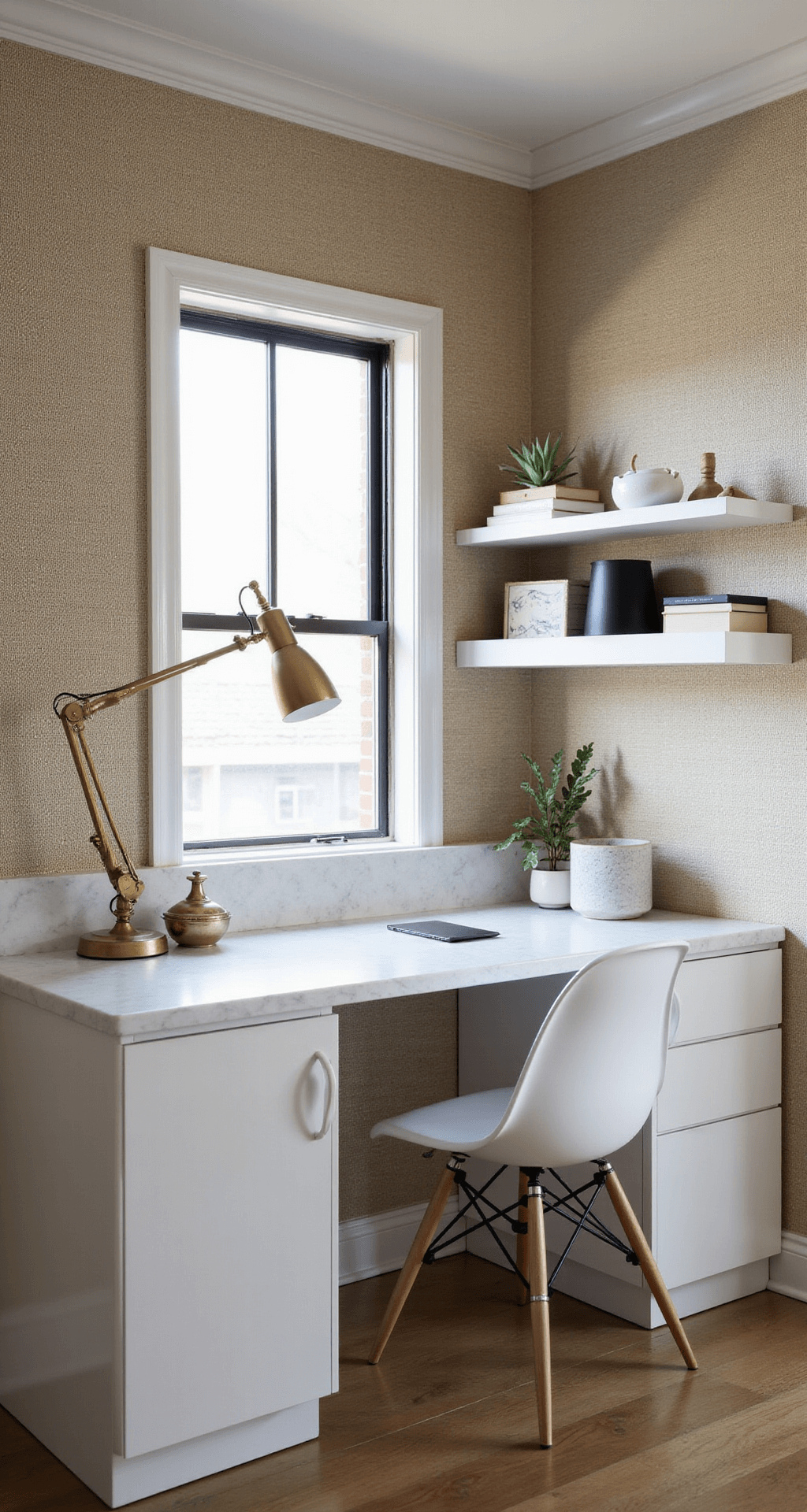 A compact luxury home office nook featuring a white lacquer floating desk beneath an industrial-style window, a ghost chair, and a brass task lamp, with a white marble shelf above displaying black and gold décor, all set against textured grasscloth wallpaper and bathed in natural light.