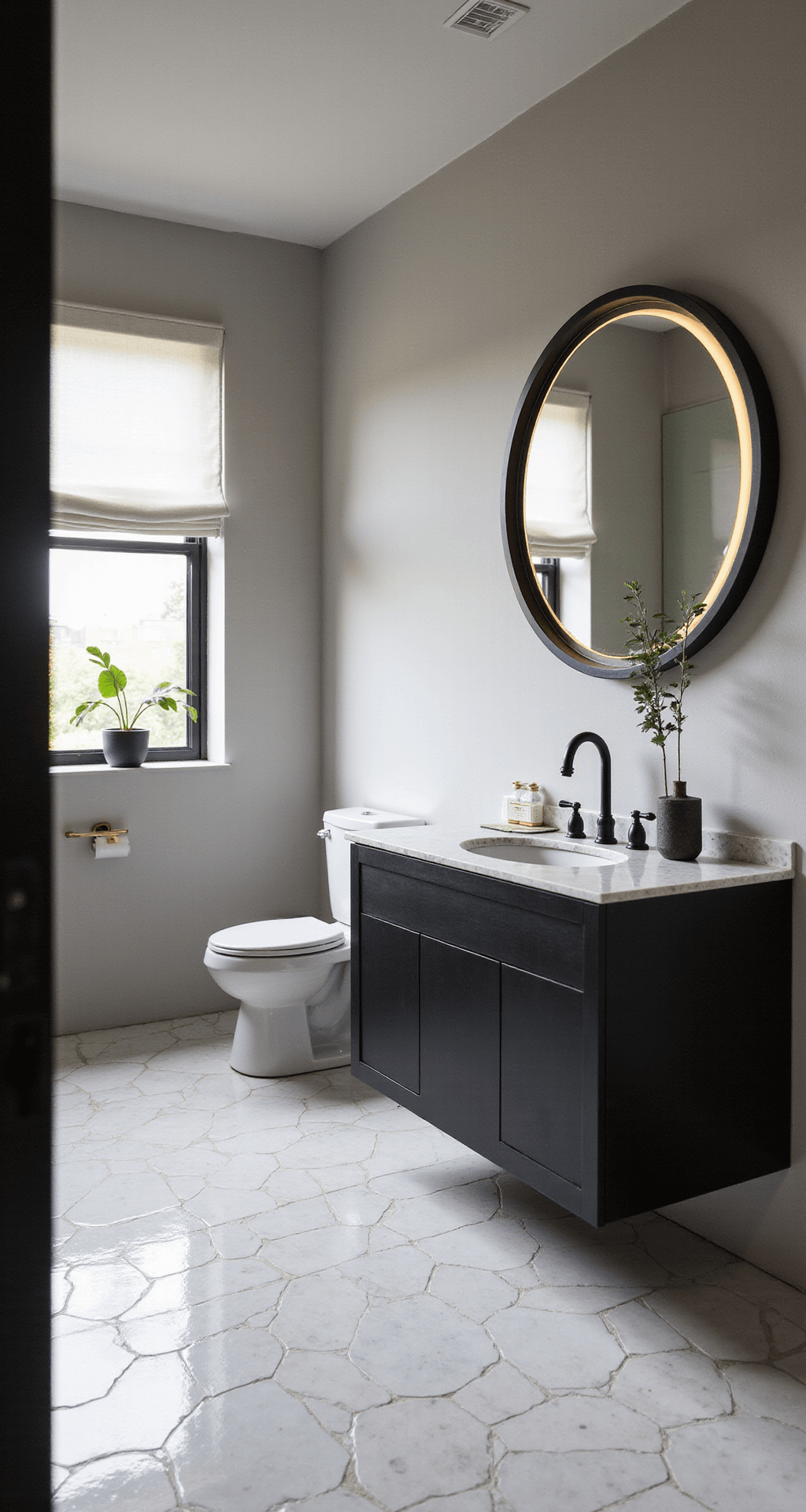 A serene luxury bathroom at dawn featuring marble hexagon floor tiles, a matte black floating vanity with a Carrara top, an oversized round mirror with integrated LED lighting, matte black fixtures with aged brass accents, a white linen roman shade, and a fresh eucalyptus bundle. The low camera angle and soft diffused lighting enhance the tranquil atmosphere.