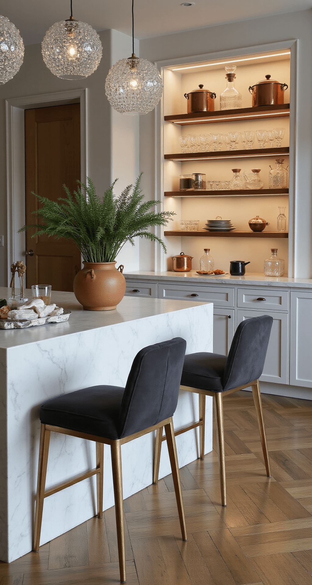 Elegant evening kitchen vignette featuring a white marble waterfall island with brass-legged velvet barstools, dramatic shadows from crystal pendant lights, open shelving showcasing copper cookware and crystal decanters, and a lively terra cotta herb garden, all captured from counter height with mixed ambient lighting.