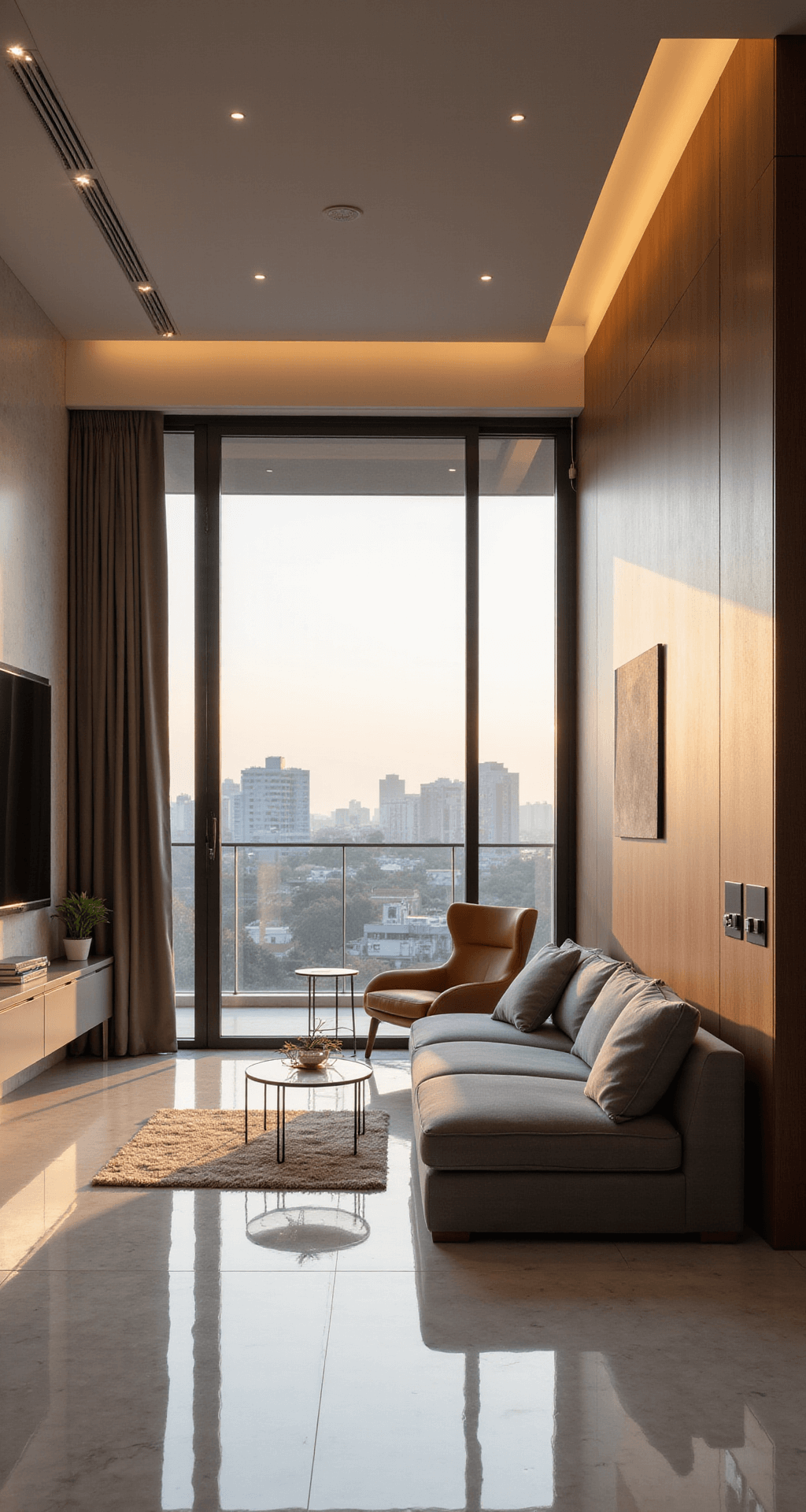 Interior of a luxurious 2500 sq ft Korean apartment living room, featuring floor-to-ceiling windows with views of Seoul's skyline at golden hour, modern white marble flooring, minimalist gray Italian sofa, glass coffee table, smart home technology, partially drawn automated blinds, and an ambient glow from custom LED lighting.