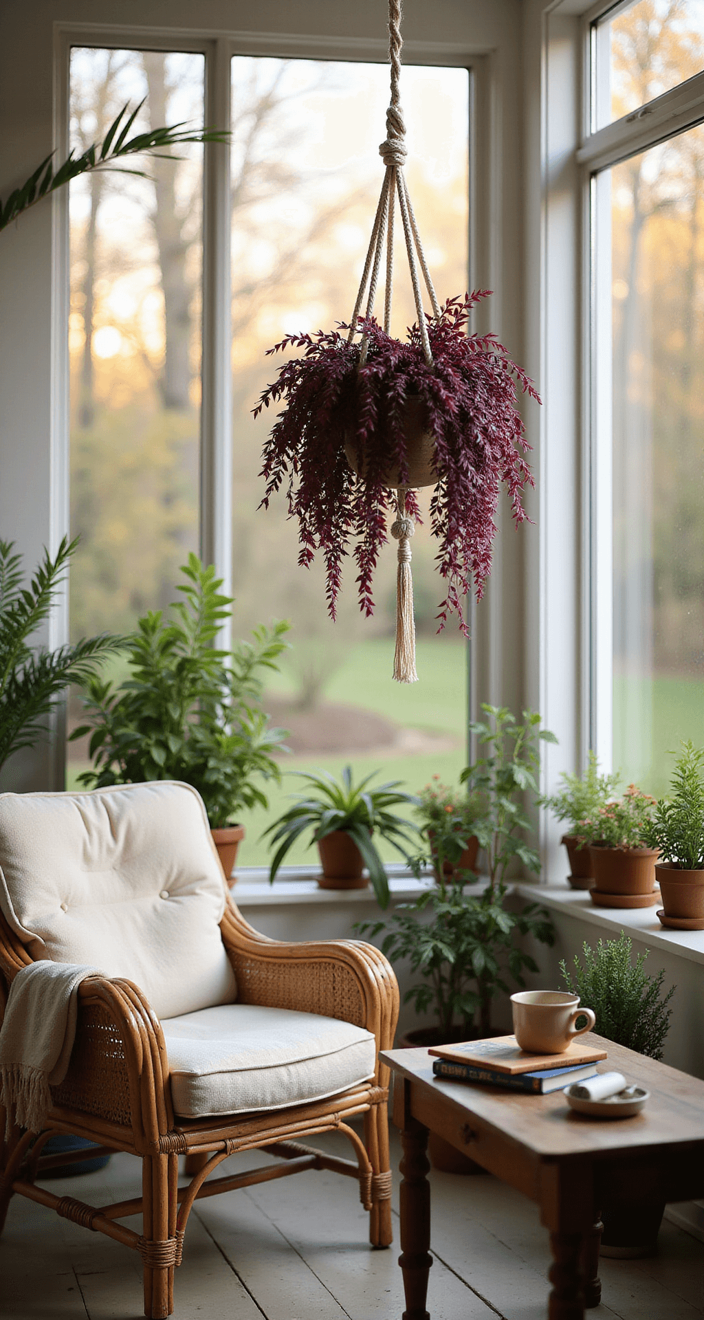 Purple Heart Plant: A Vibrant Splash of Color for Your Garden Cozy sunroom with floor-to-ceiling windows, late afternoon light, a cascading Purple Heart plant, rattan armchair, and various potted plants, emphasizing warmth and tranquility.