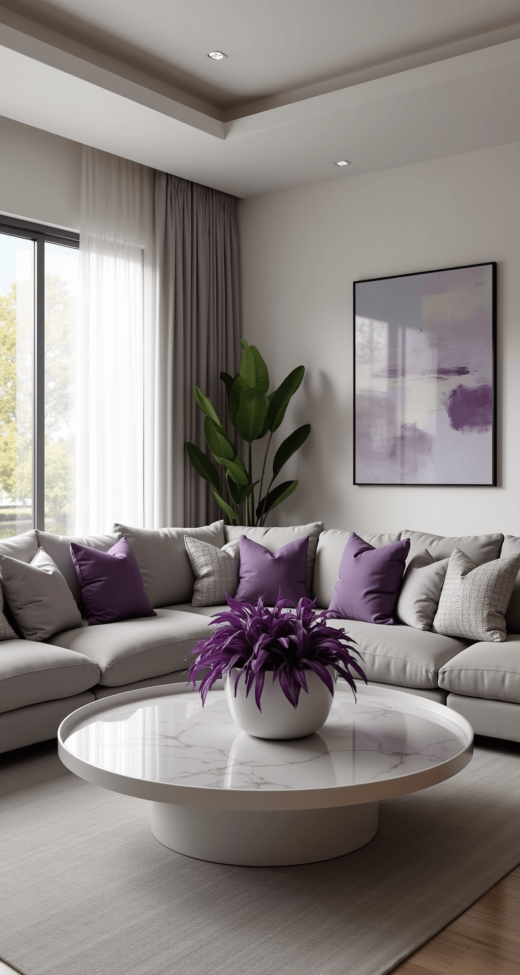 Purple Heart Plant: A Vibrant Splash of Color for Your Garden Modern minimalist living room with high ceilings, featuring a large gray sectional with lavender and silver pillows, a Purple Heart plant on a white coffee table, and an abstract painting, all illuminated by soft morning light through sheer curtains.