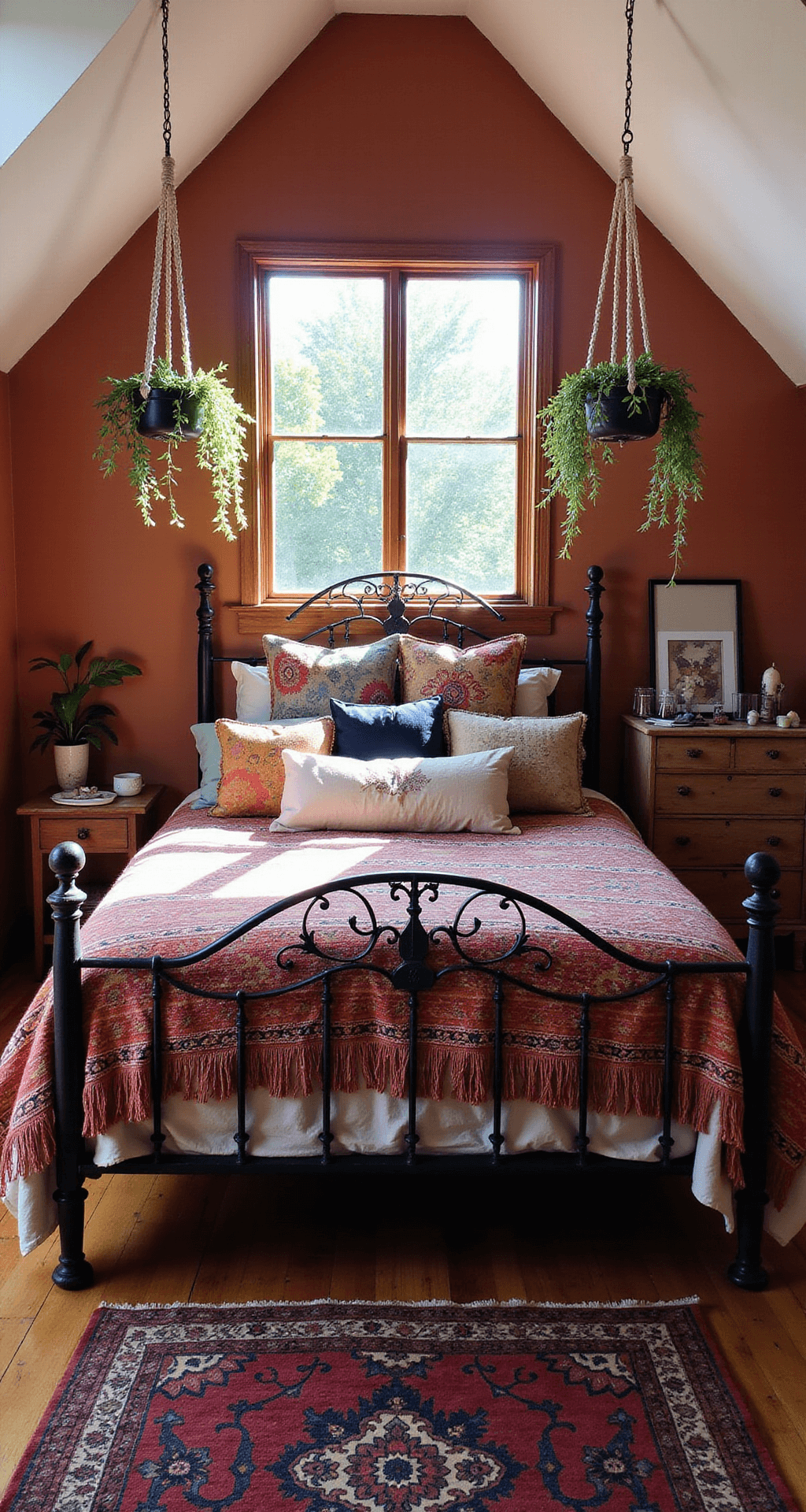 Purple Heart Plant: A Vibrant Splash of Color for Your Garden Eclectic bohemian bedroom with slanted ceilings and a dormer window, featuring a wrought iron bed draped in a colorful Moroccan wedding blanket, mismatched pillows, and macramé plant hangers with Purple Heart plants. The room has terracotta-colored walls, a vintage dresser with crystals and air plants, and Persian rugs in rich jewel tones, all illuminated by dappled midday sunlight.