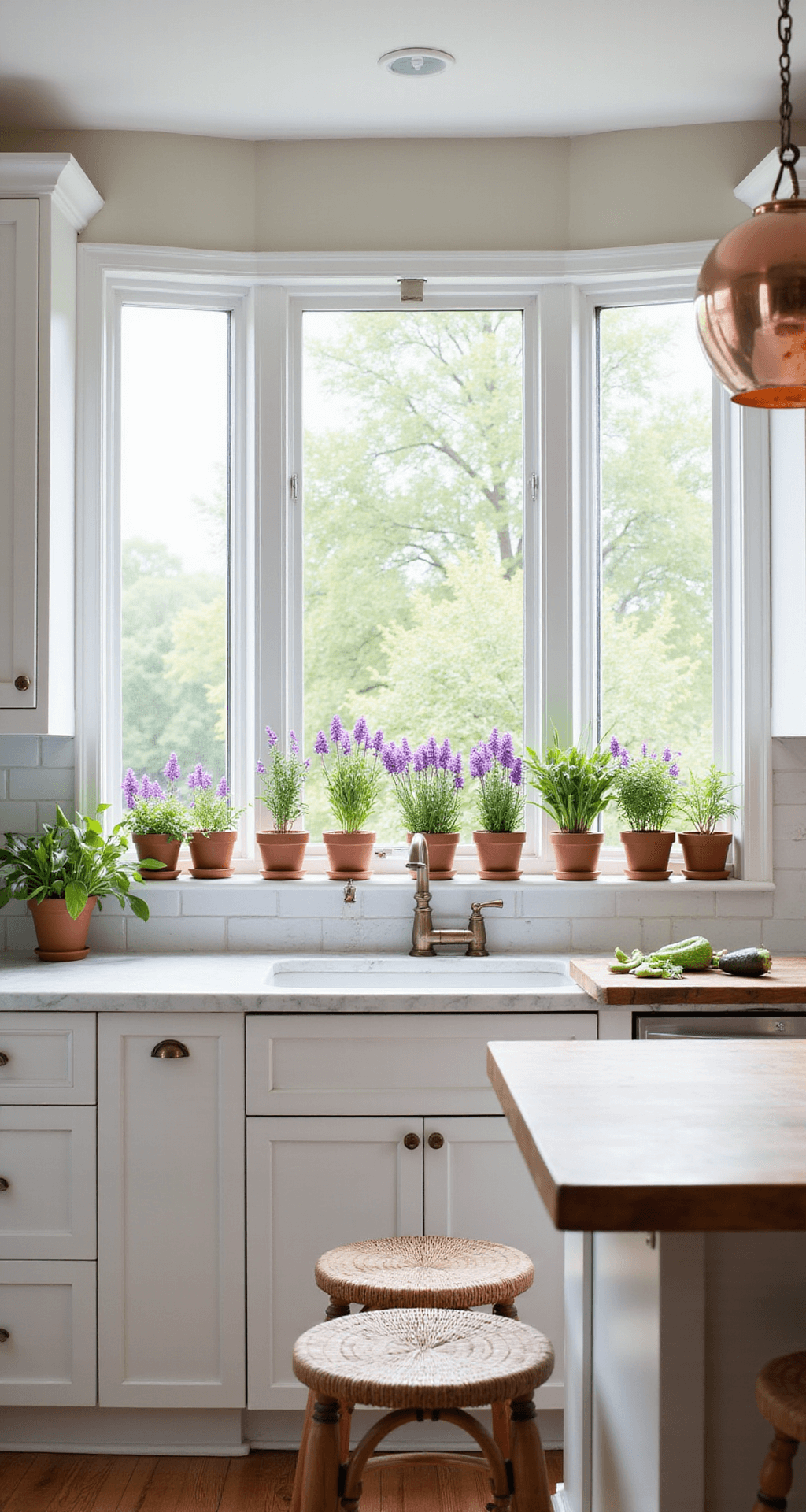 Purple Heart Plant: A Vibrant Splash of Color for Your Garden A bright, airy kitchen with a large bay window showcasing a row of vibrant purple Purple Heart plant cuttings on the sill, white shaker cabinets, and marble countertops slightly blurred in the background, illuminated by late morning light.