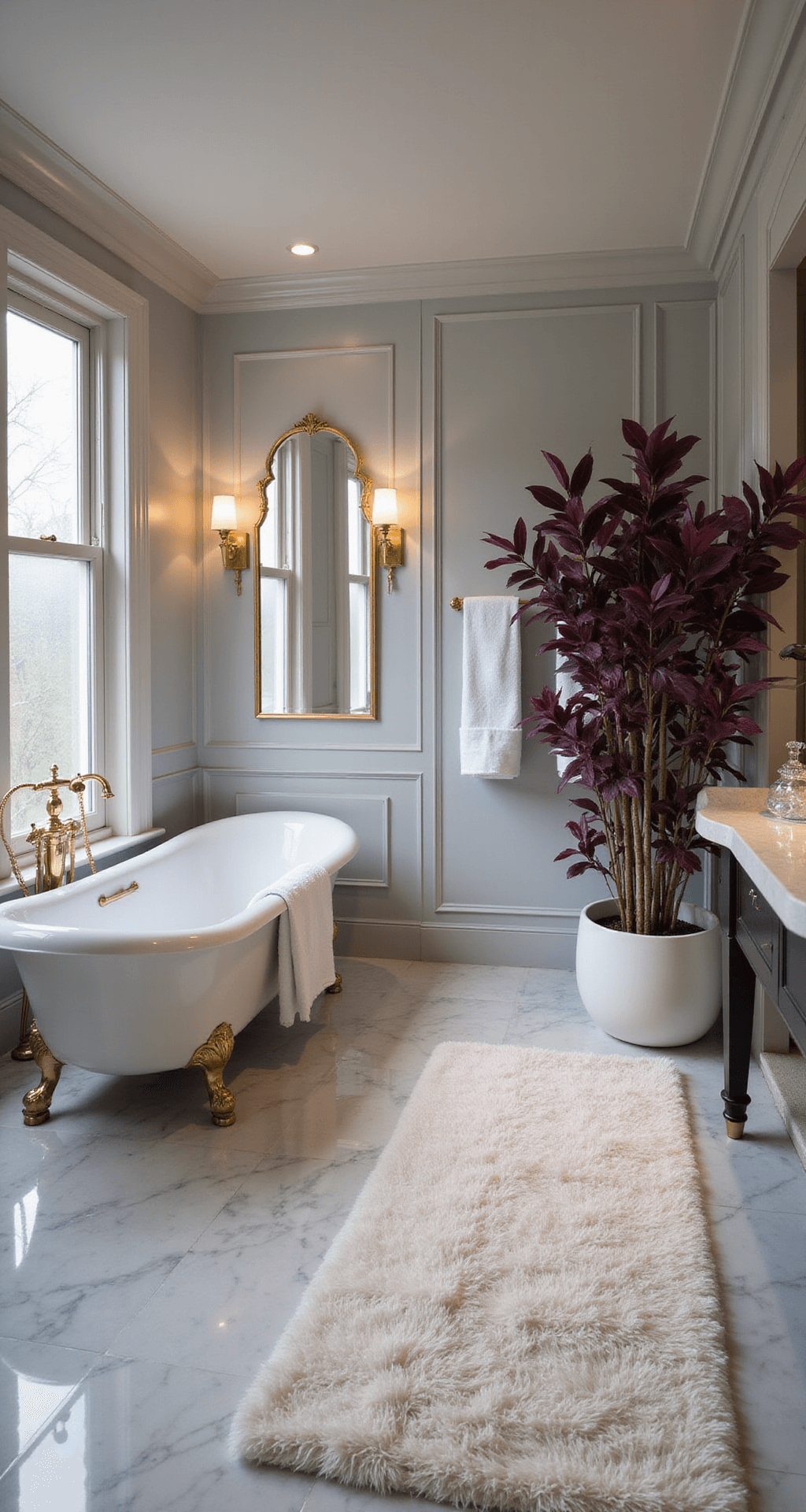 Purple Heart Plant: A Vibrant Splash of Color for Your Garden Luxurious master bathroom featuring a freestanding clawfoot tub, a cascading Purple Heart plant, polished marble floors, pale gray walls, gold accents, and warm, dim lighting for a spa-like atmosphere.