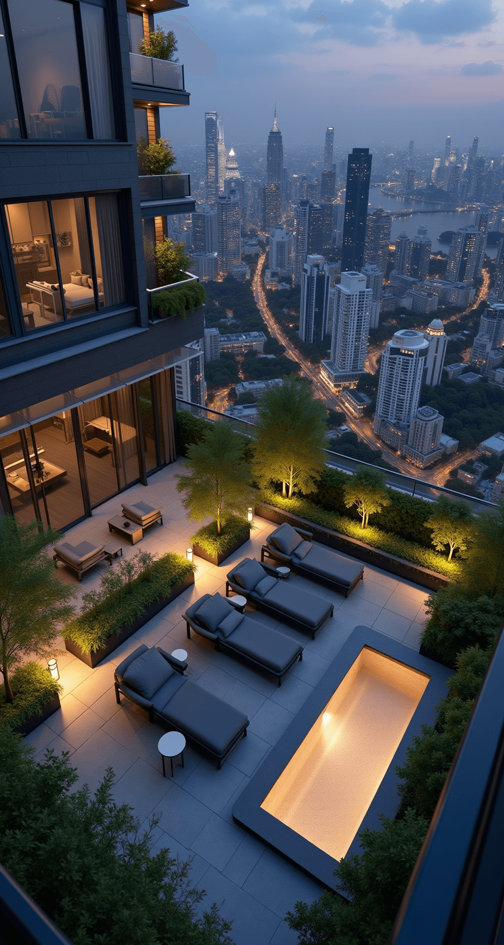 Rooftop garden terrace of a luxury Gangnam apartment complex at twilight, featuring vertical gardens, modern lounge pods, an infinity water feature, and panoramic city views, all illuminated by ambient lighting and surrounded by native Korean plants in geometric planters.