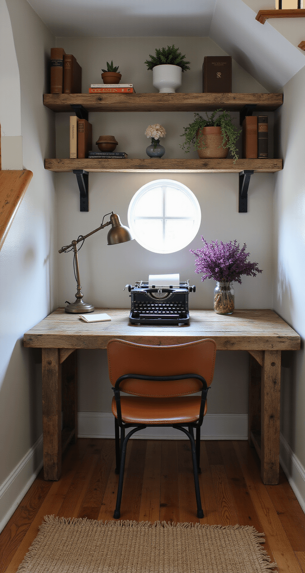 Purple Heart Plant: A Vibrant Splash of Color for Your Garden A rustic home office nook under a staircase, featuring a reclaimed wood desk with a vintage typewriter and a mason jar of vibrant Purple Heart cuttings, illuminated by mid-morning light from a round window. Floating shelves with leather-bound books and succulents, an antique brass lamp, and a mix of iron and distressed leather chair complete the cozy atmosphere, all atop a jute rug on wide-plank pine flooring.