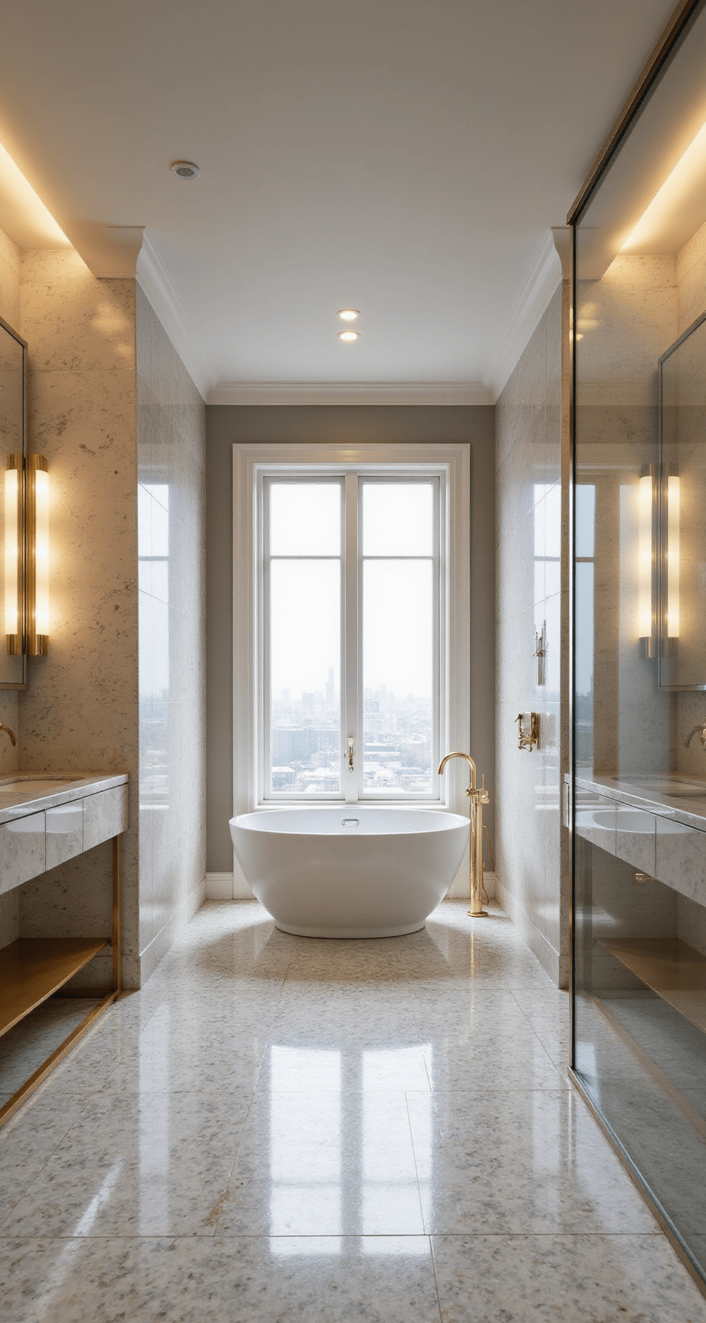 A luxurious master bathroom featuring floor-to-ceiling marble, a freestanding oval soaking tub in front of a large window, a double vanity in brushed gold, and a steam shower with digital controls, all illuminated by morning light and warm LED. Geometric tile flooring adds elegance, while automated privacy glass enhances the spa-like ambiance.