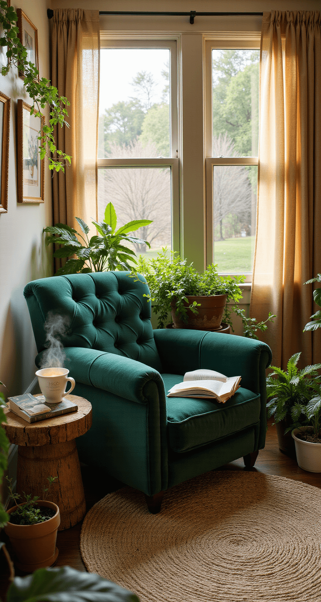 A cozy reading nook in a sunroom with floor-to-ceiling windows, featuring a plush deep forest green velvet armchair beside a rustic wooden side table with a steaming cup of tea and a book, surrounded by lush ferns and ivy, soft cream walls with botanical prints, and a handwoven jute rug on weathered hardwood, all bathed in warm afternoon light.