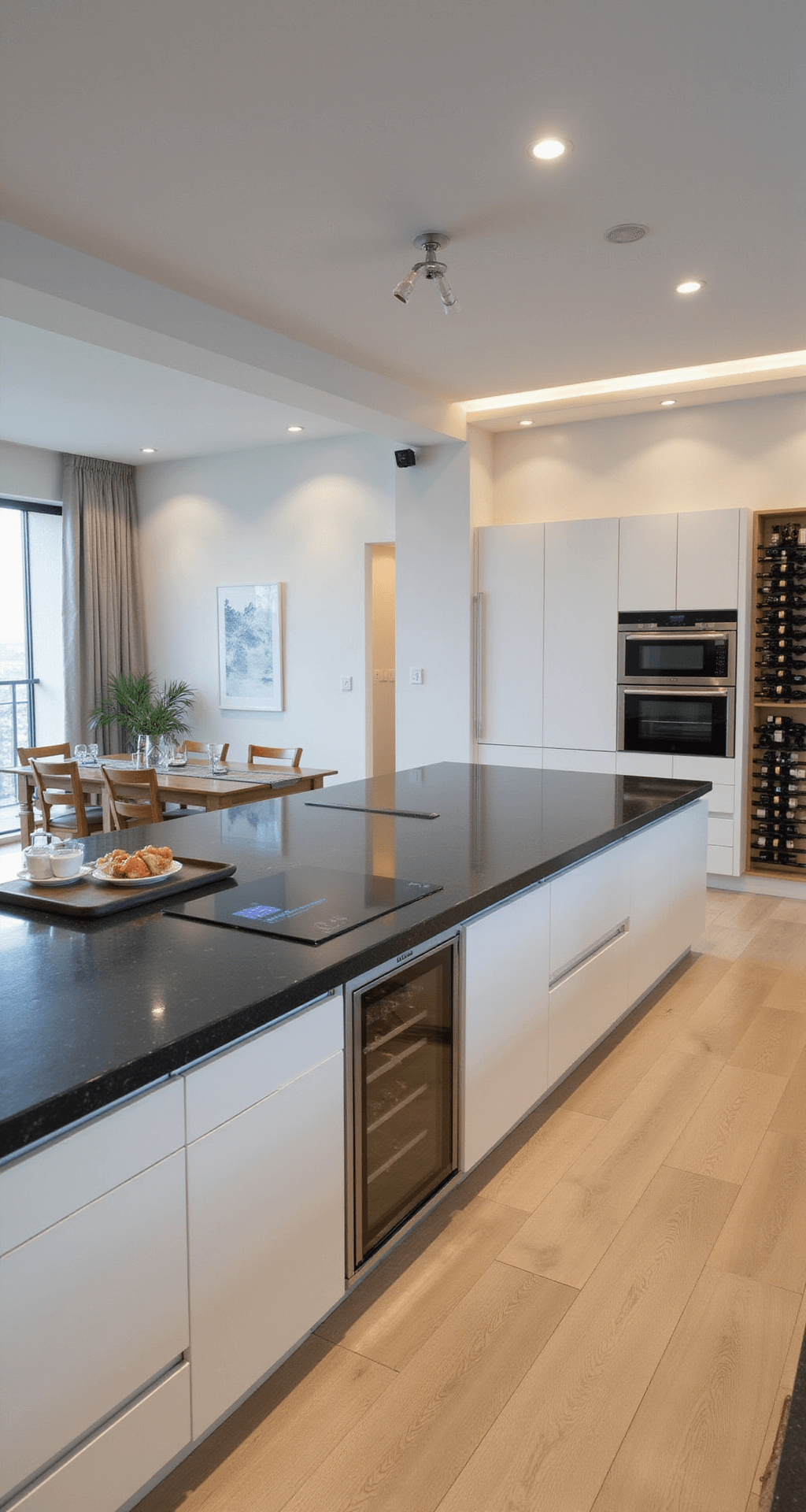 Smart kitchen in an open-concept space featuring white lacquer cabinets and hidden appliances, a black granite central island, voice-activated lighting, an integrated digital cooking surface, and a floor-to-ceiling wine storage wall, all illuminated by natural light and task lighting, embodying high-tech elegance.