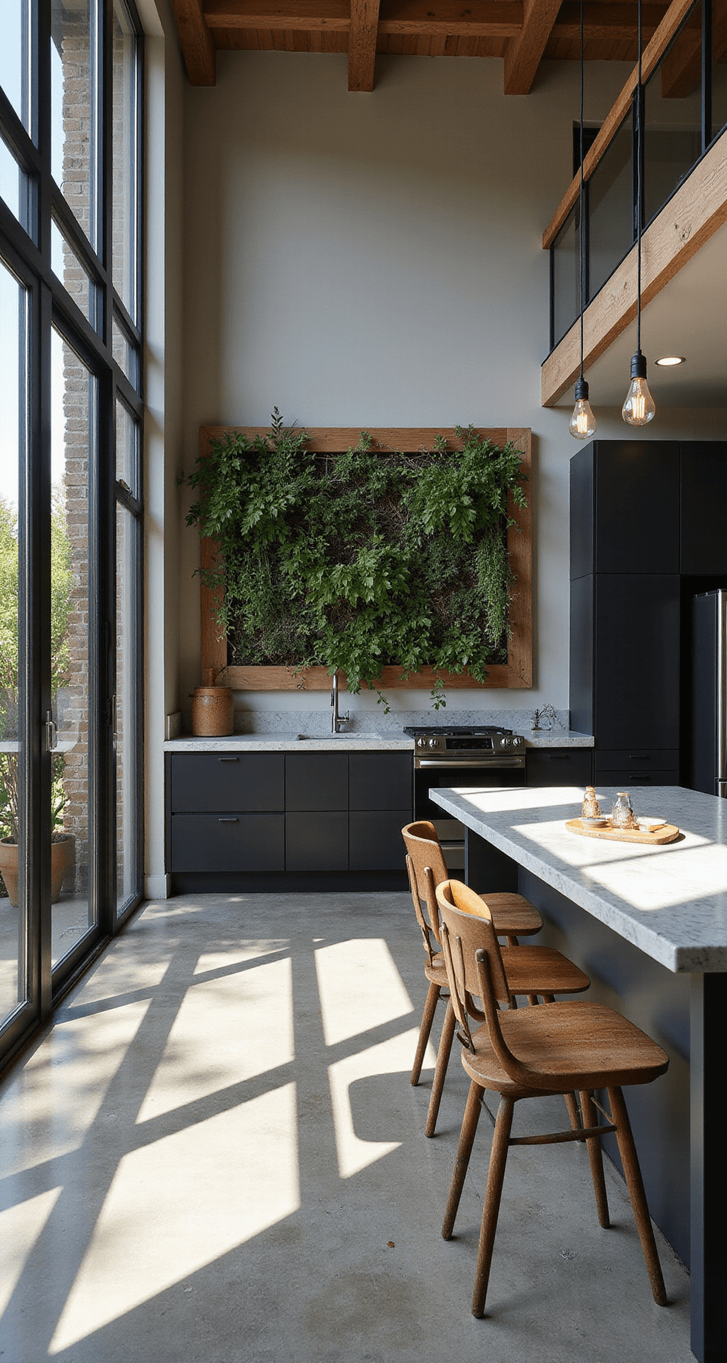 A modern open-concept kitchen and dining area featuring polished concrete floors, matte black cabinetry, stainless steel appliances, a marble island, vintage chairs, and a living wall of herbs, captured in a wide-angle shot from above with bright natural light.