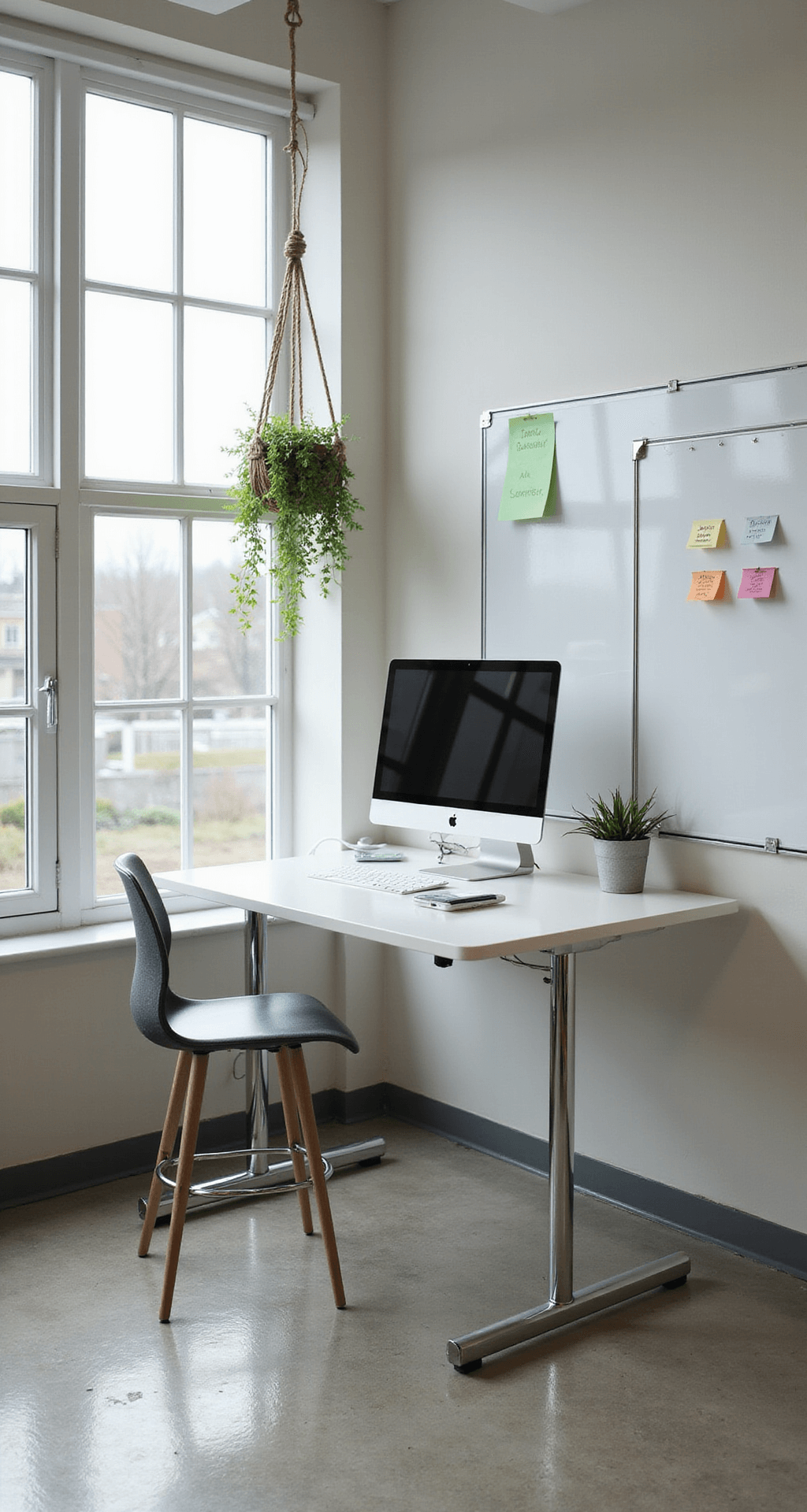 A modern 14x16ft classroom featuring minimalist design, bright morning light, a standing desk with dual monitors and a high stool, hanging plants, a large magnetic whiteboard with color-coded notes, and a subtle sage green color scheme.