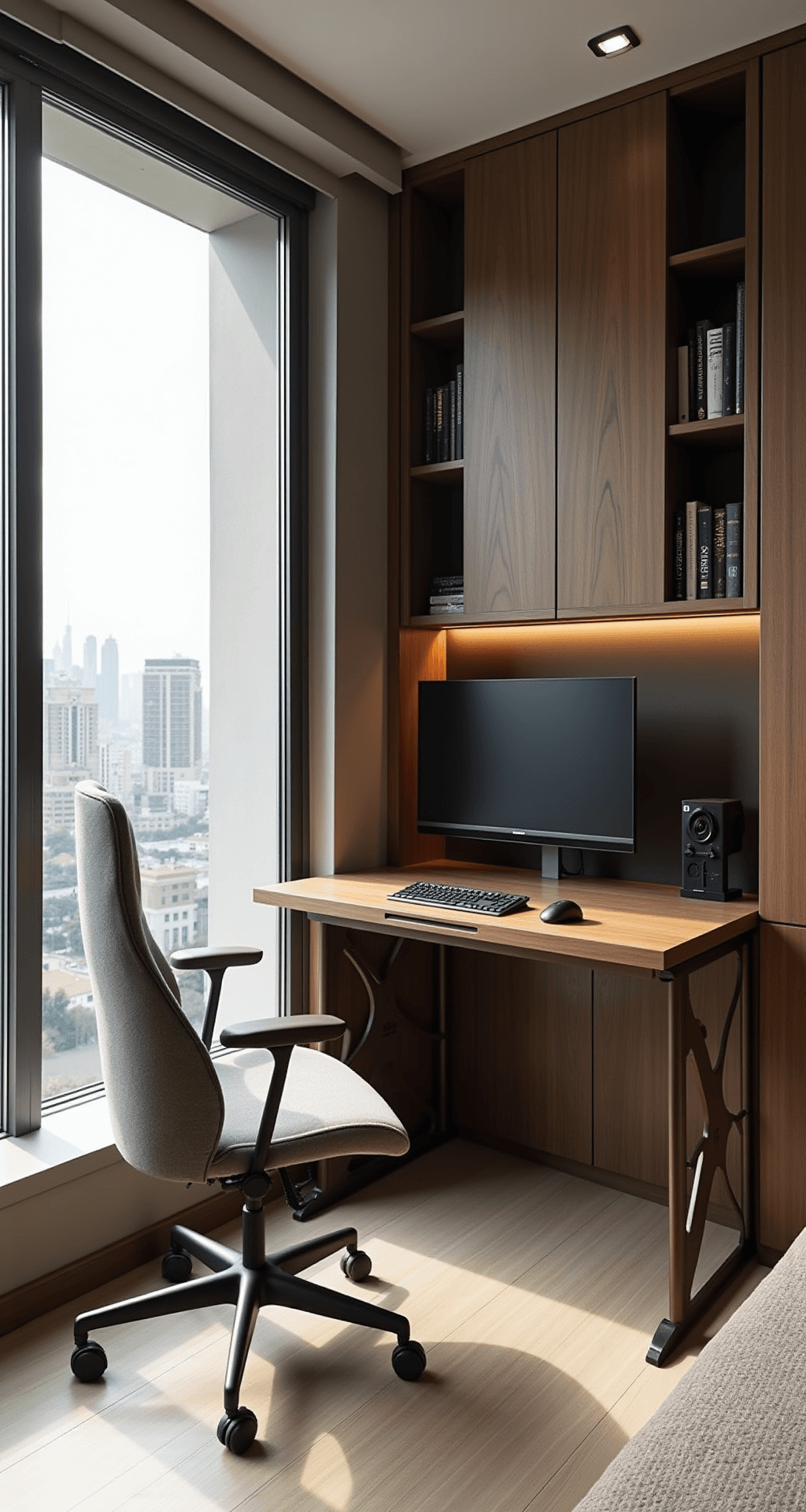 A luxurious corner home office in a Gangnam apartment, featuring dual aspect windows that invite natural morning light, a built-in smart desk with hidden technology, an automated walnut standing desk, sound-absorbing geometric wall panels, a hidden projector and motorized screen, and smart glass for video conferences, capturing a productive and sophisticated atmosphere with a city view.