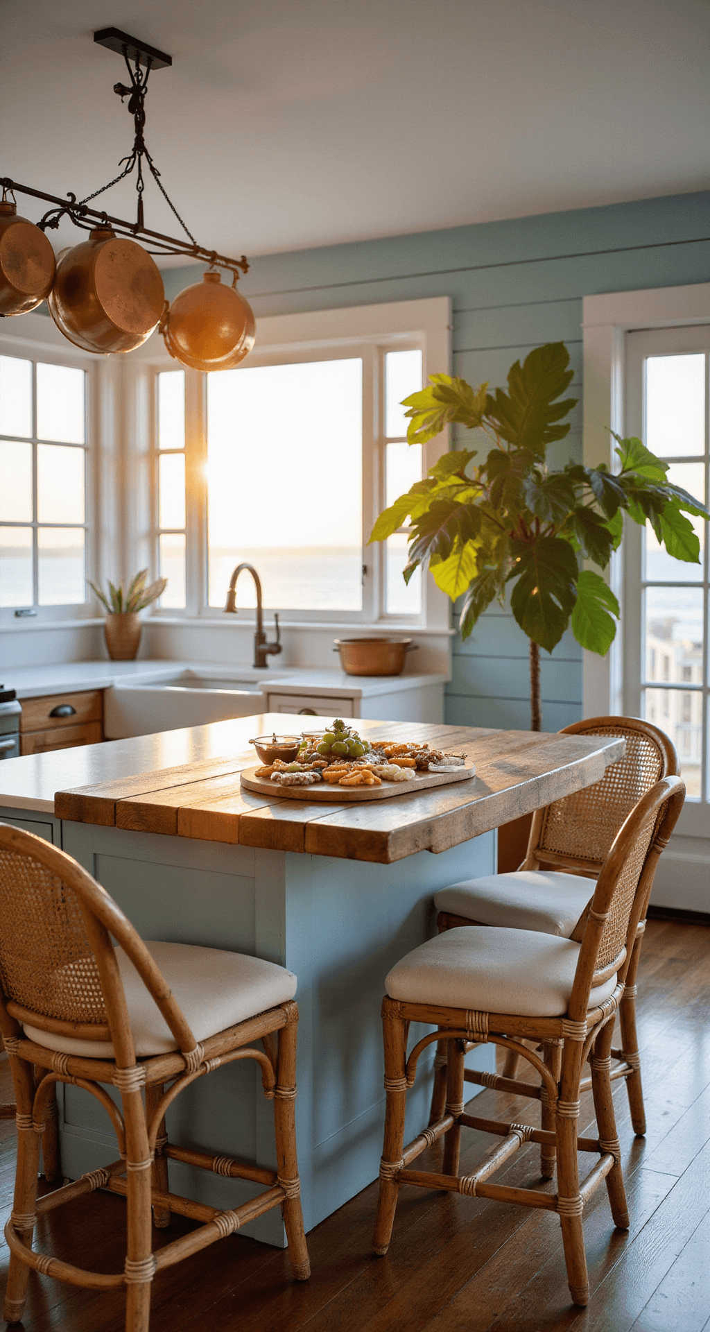 A spacious beach house kitchen at golden hour, featuring a rustic wooden island with a charcuterie board, surrounded by rattan bar stools, a farmhouse sink with an ocean view, pale blue shiplap walls, white quartz countertops, hanging copper pots, and a fiddle leaf fig in the corner, all bathed in warm sunlight for a cozy atmosphere.