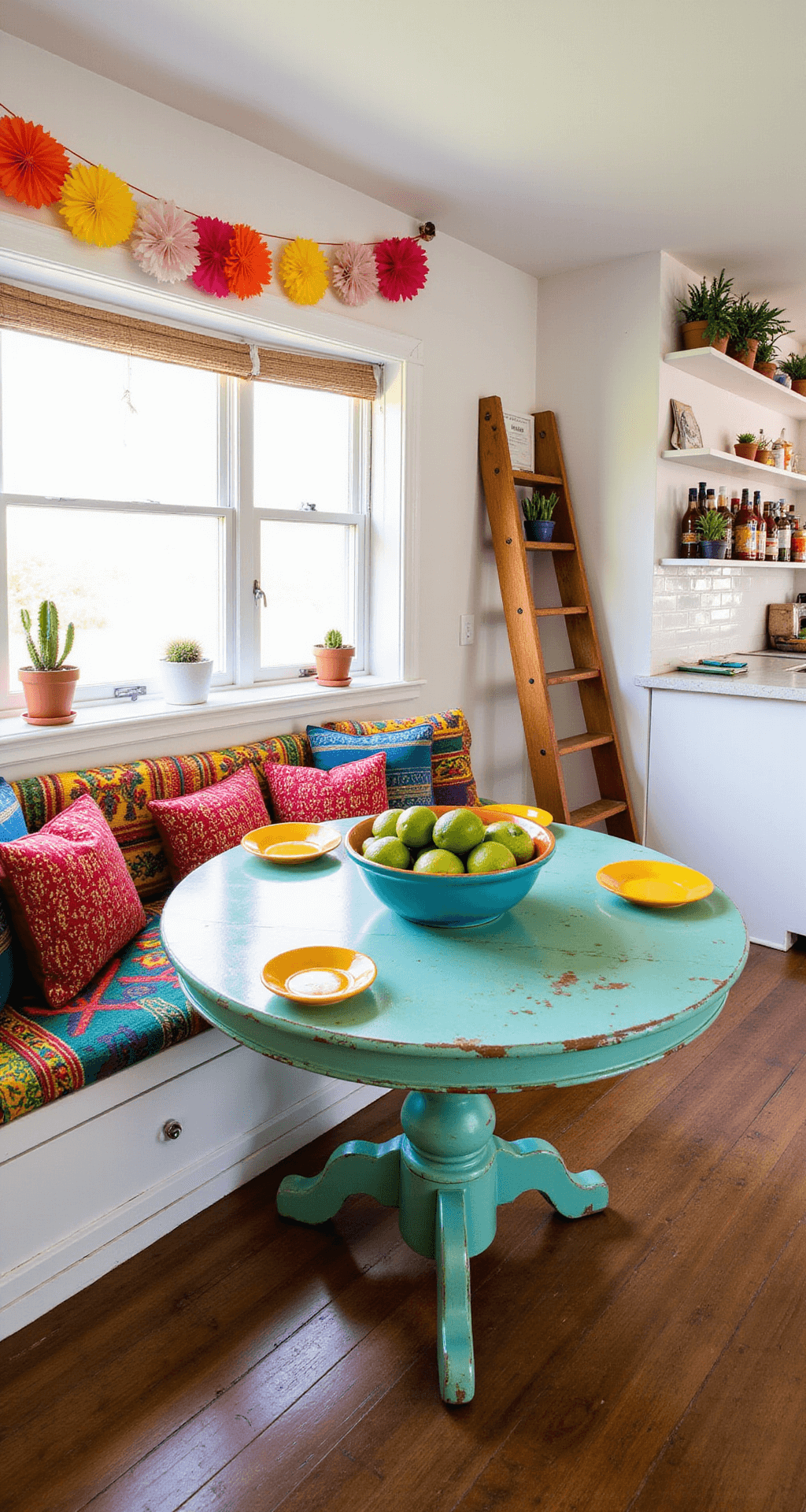 A vibrant beach bungalow kitchen nook featuring a colorful taco bar, with a bay window seat adorned with Mexican blanket-inspired pillows, a distressed turquoise table set with mismatched Fiestaware plates, overflowing ceramic bowl of fresh limes, papel picado banners, potted cacti on the windowsill, and a ladder shelf showcasing hot sauces, all illuminated by cheerful lighting.