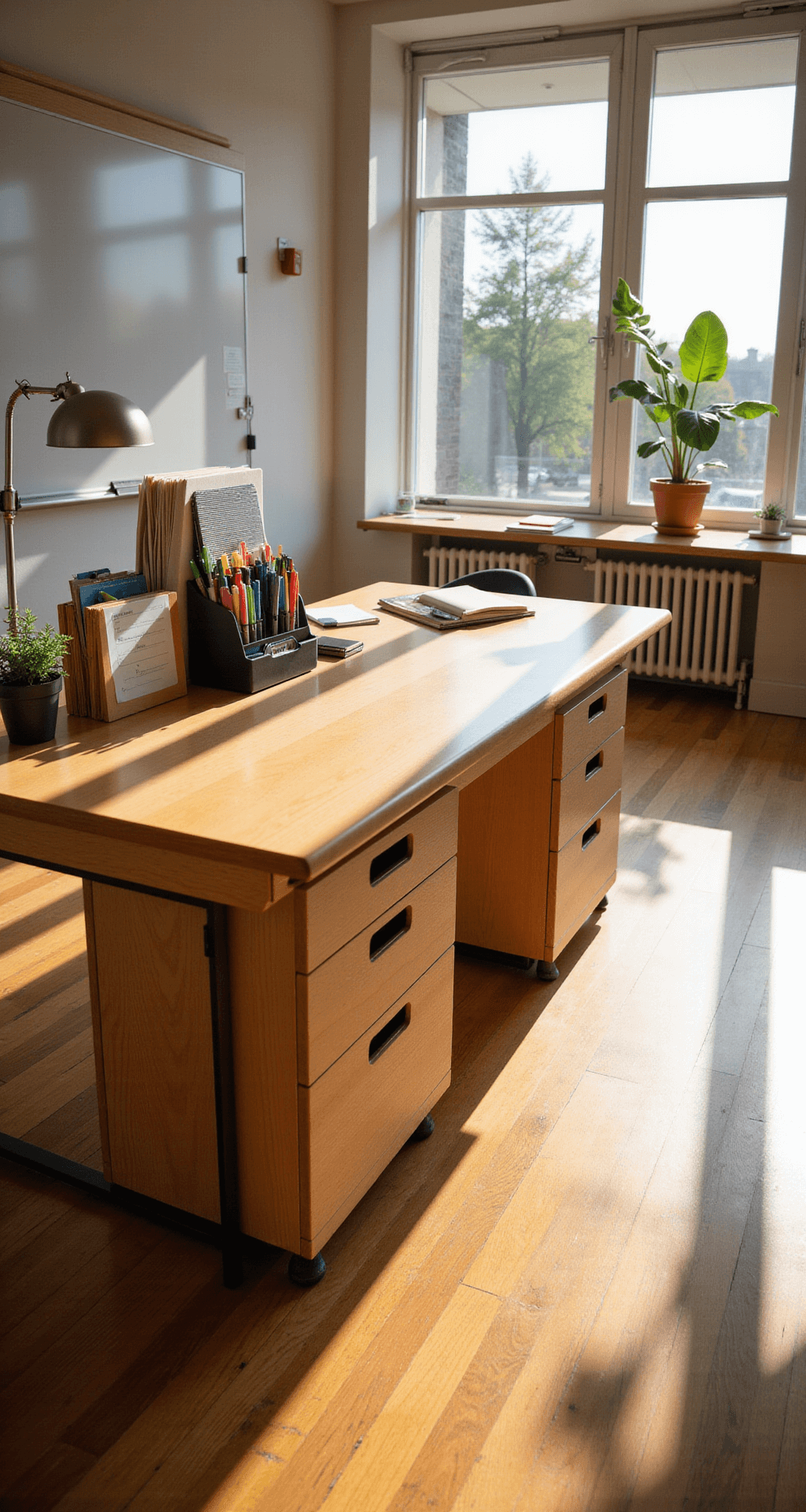 A spacious classroom bathed in warm afternoon sunlight, featuring a large, organized teacher's desk near floor-to-ceiling windows, complete with colorful pens, a modern lamp, a small plant, and a to-do list, all highlighted by soft shadows on the polished wood surface.