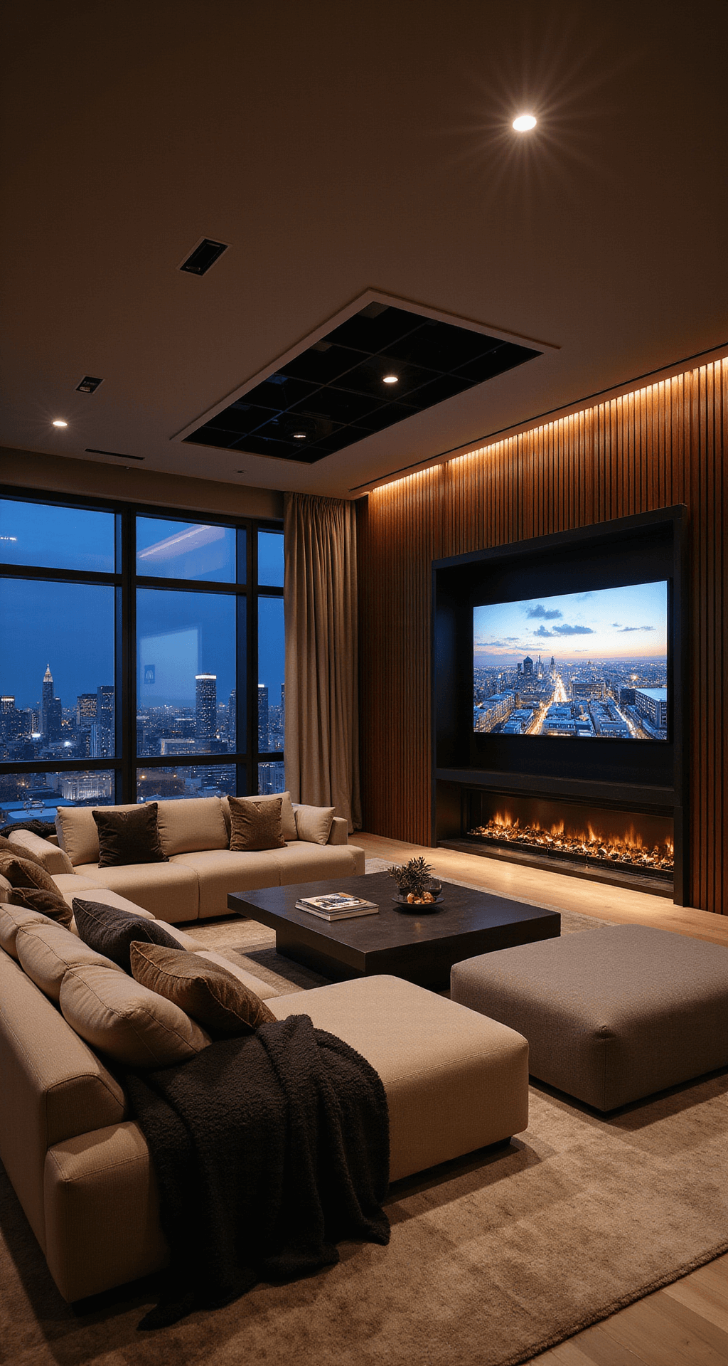 A luxurious entertainment lounge in a Hannam penthouse, showcasing a sunken conversation pit with modular seating, a hidden 98-inch TV, a wine wall with digital inventory, and smart lighting, all set against panoramic city views at night.