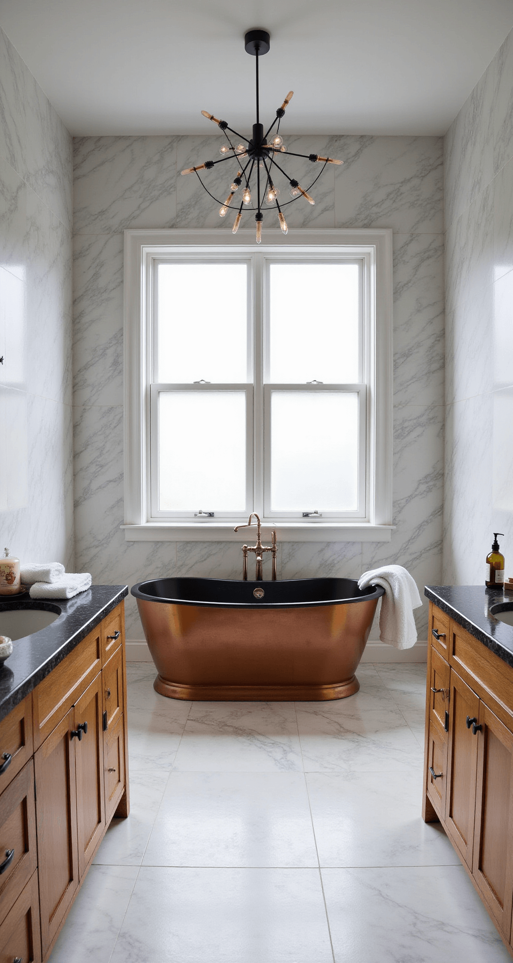 Luxurious ensuite bathroom featuring book-matched marble walls, heated floors, a freestanding copper soaking tub, and a double vanity in figured maple with honed black granite, softly lit through frosted windows, styled with plush towels and artisanal soaps.