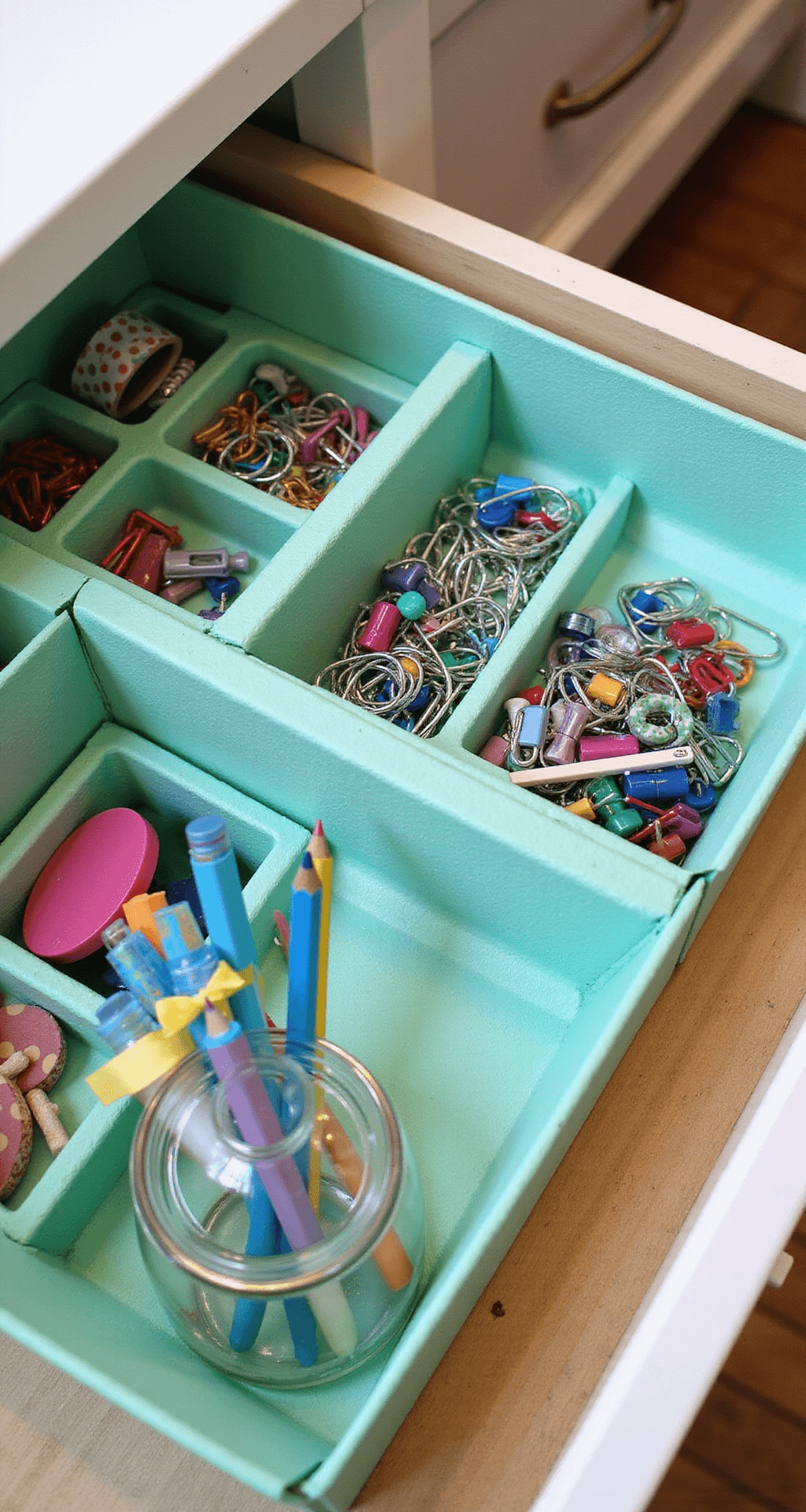 Close-up of a neatly organized teacher's desk drawer lined with mint-green paper, featuring DIY cardboard separators adorned with polka-dot washi tape, housing color-coded paper clips, binder clips, push pins, rubber bands, and a glass jar filled with pencils and pens, all under soft, diffused overhead light.