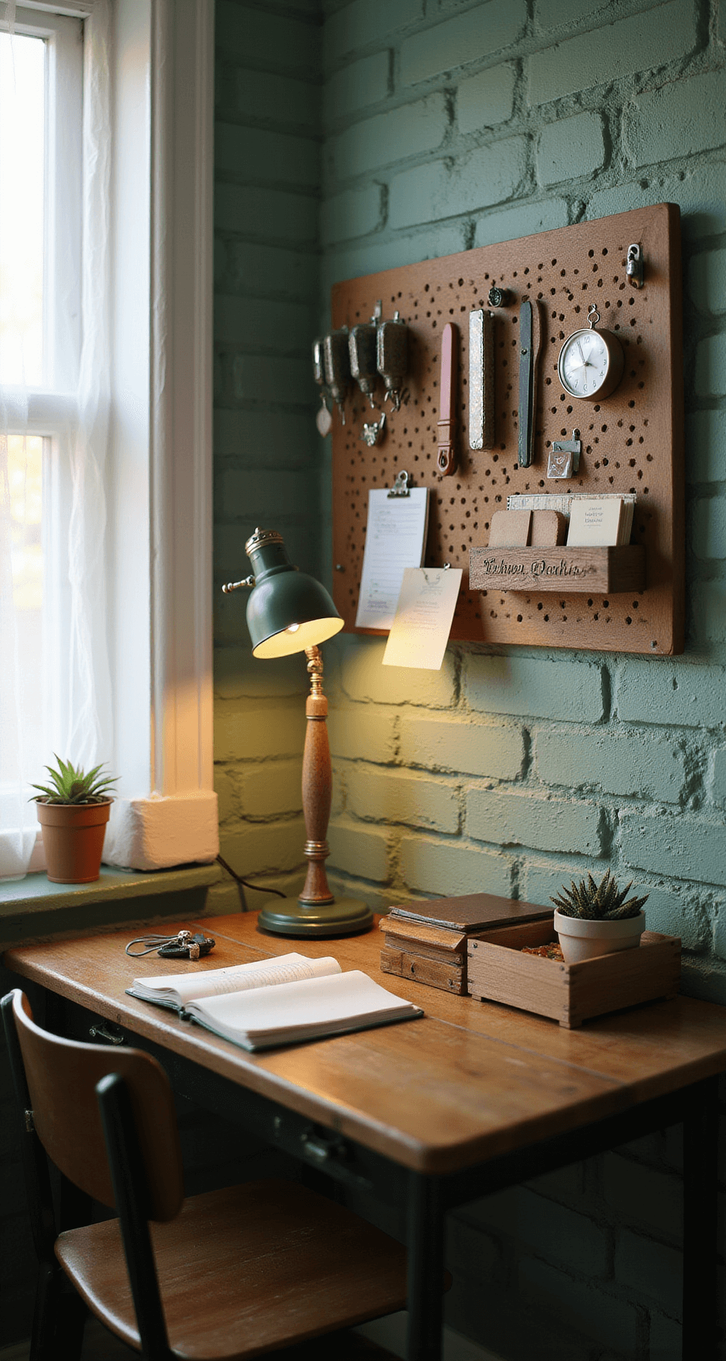 Cozy classroom corner with a sage green brick wall, featuring a compact teacher's desk with a vintage lamp, organized supplies on a pegboard, a rustic folder organizer, a small succulent, and soft morning light filtering through sheer curtains.