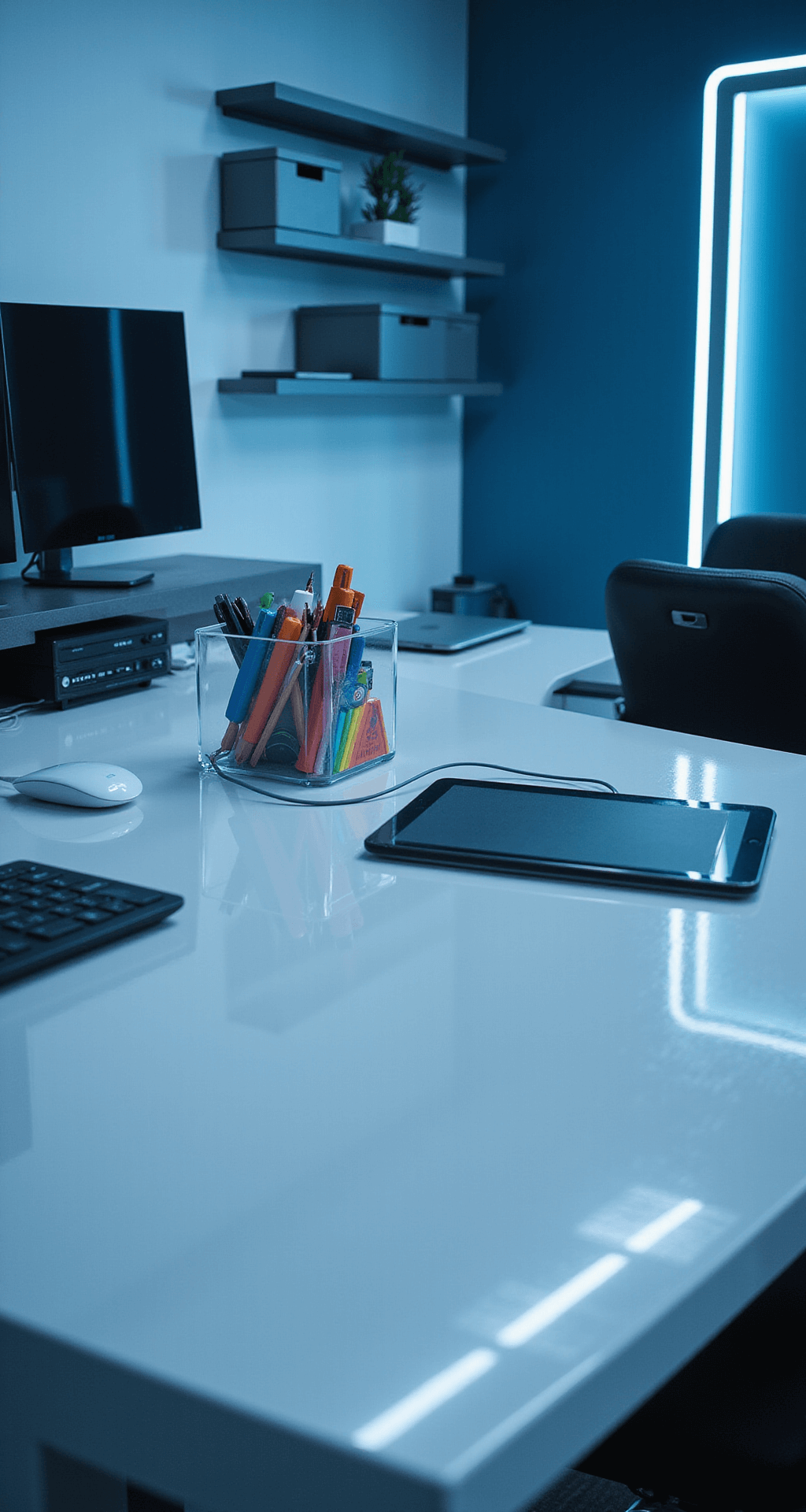 An ultra-modern teacher's desk in a high-tech classroom with built-in charging stations, dual-monitor setup, and colorful acrylic organizer; illuminated by cool blue-tinted LED lights, reflecting off a glossy surface in a futuristic, efficient ambiance.