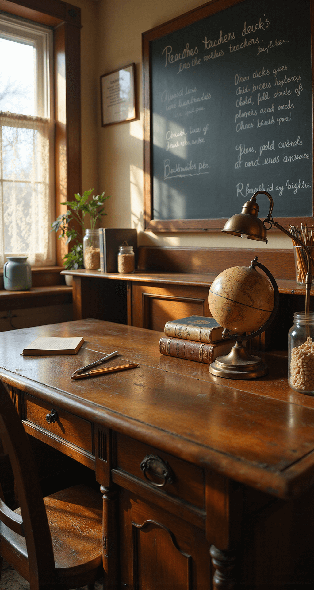 A vintage teacher's desk in a charming schoolhouse setting, featuring intricate carvings, an antique globe, leather-bound books, and a brass lamp, with a chalkboard in the background displaying quotes, surrounded by mason jars of pencils. Sunlight filters through lace curtains, casting warm patterns on the wood.
