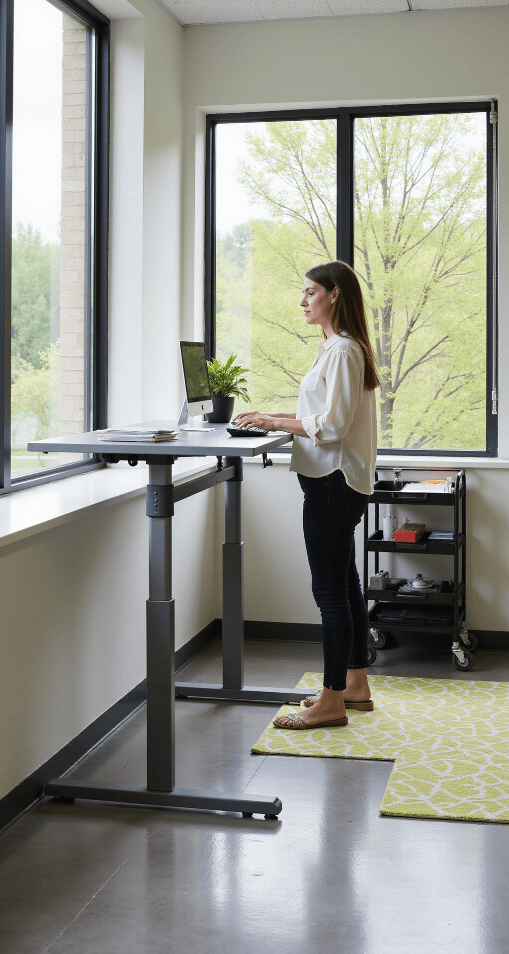 A modern teacher's standing desk setup in a bright classroom, featuring an ergonomic design, laptop stand, floating shelf with books and a plant, a rolling cart for supplies, and a geometric anti-fatigue mat, bathed in natural light from large windows overlooking a lush garden.