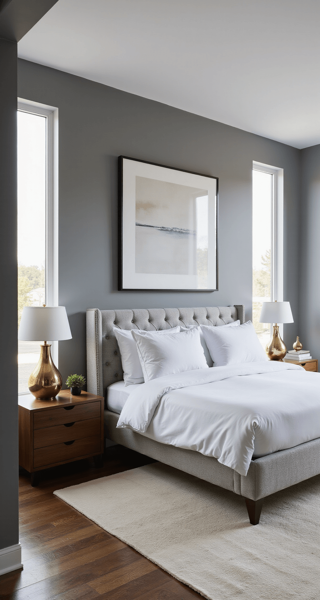 A spacious, modern minimalist master bedroom with a king-size platform bed, crisp white linens, oversized grey velvet headboard, walnut nightstands, and brass table lamps, all bathed in soft morning light streaming through floor-to-ceiling windows.