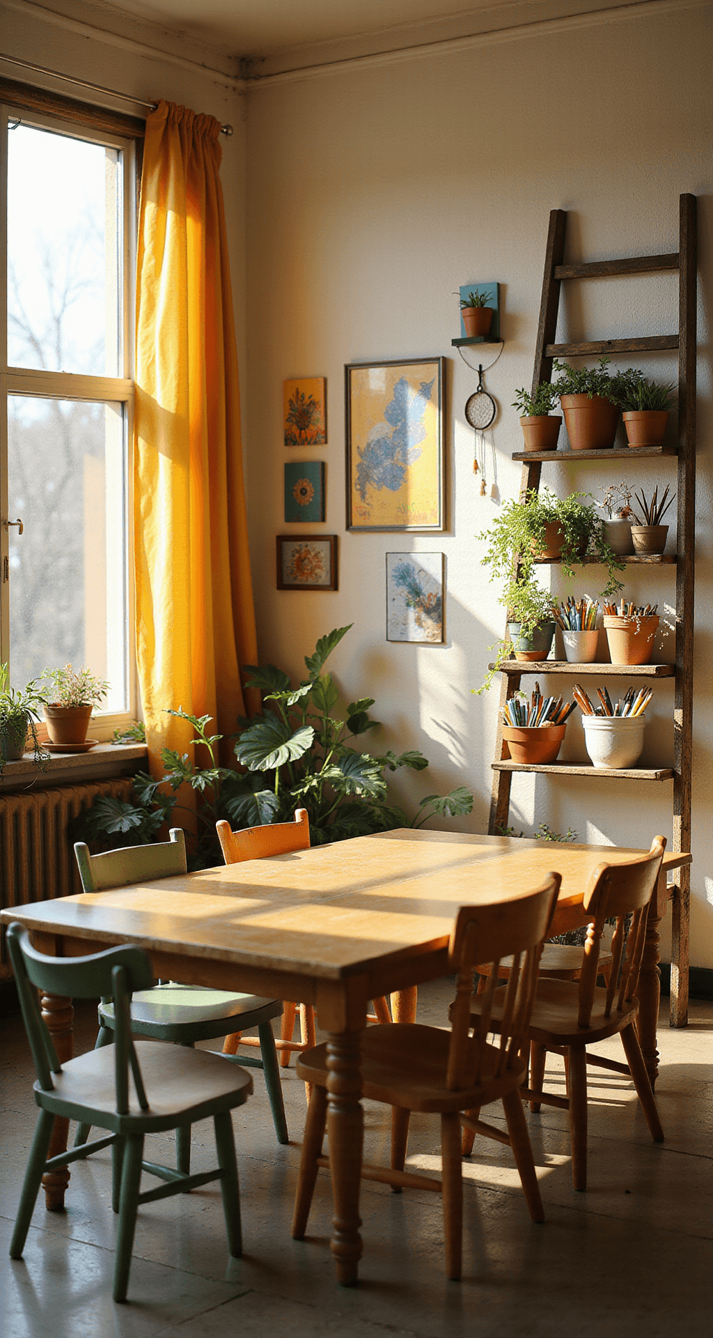 An intimate middle school art classroom bathed in warm golden hour light, featuring a large communal table surrounded by mismatched pastel chairs, adorned walls with student artwork, a vintage ladder displaying art supplies, and decorated with plants and dreamcatchers.