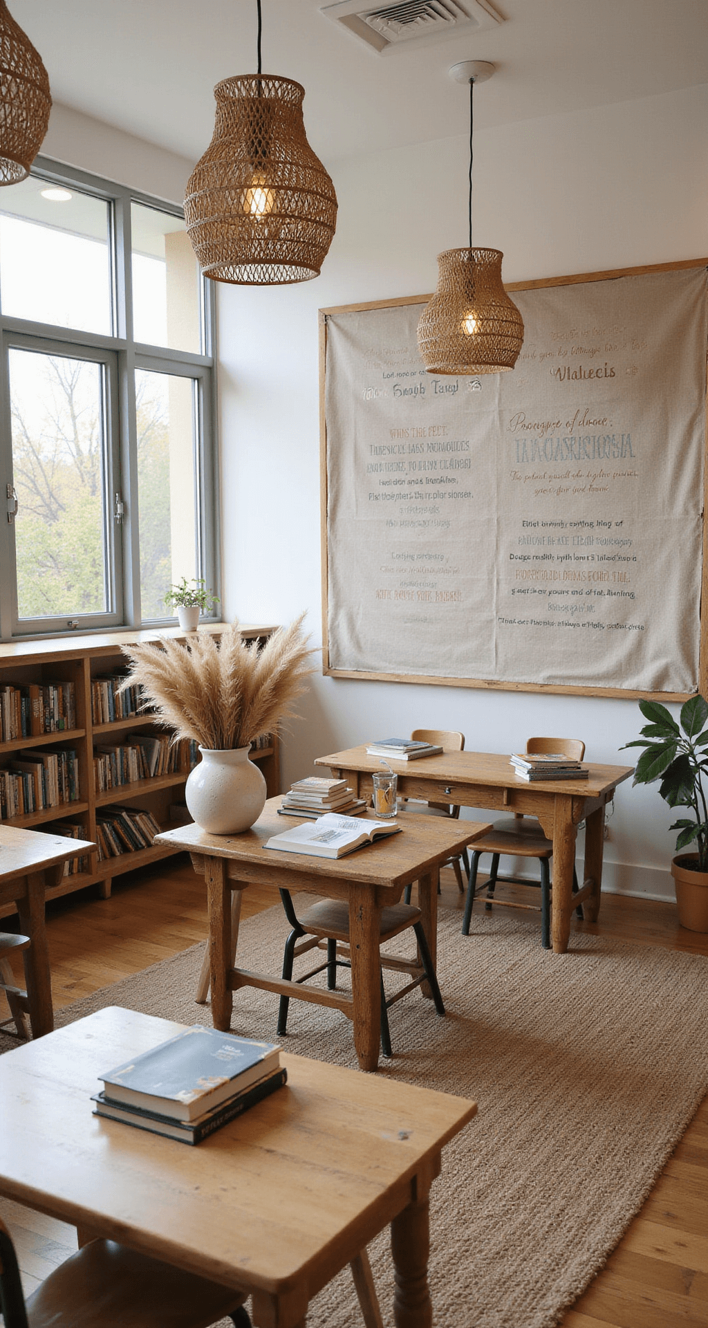 A cozy high school English classroom featuring a weathered wooden farmhouse desk, student desks arranged in a horseshoe, and a large jute rug. The room is filled with soft diffused light, accented by rattan pendant lights. Floor-to-ceiling bookshelves and a large cork board with inspirational quotes adorn the walls, with a warm color palette of cream, beige, and muted earth tones.