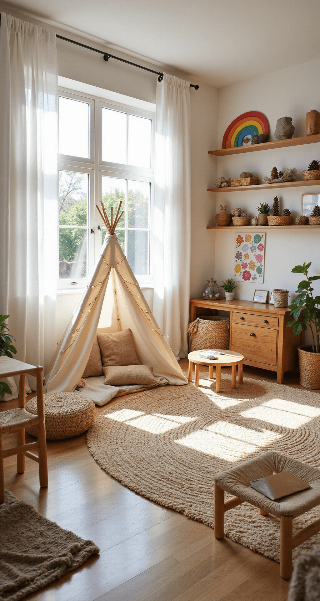 A bird's eye view of a bright preschool classroom featuring large windows with flowing white curtains, divided into learning zones with boho decor, including a cozy reading nook with a fairy light-draped teepee, an art area with low tables and rattan chairs, and a nature exploration zone filled with natural treasures. The walls are decorated with oversized paper flowers and a rainbow-arched alphabet chart, all bathed in bright, airy light and a creamy white color palette accented with muted rainbow hues.