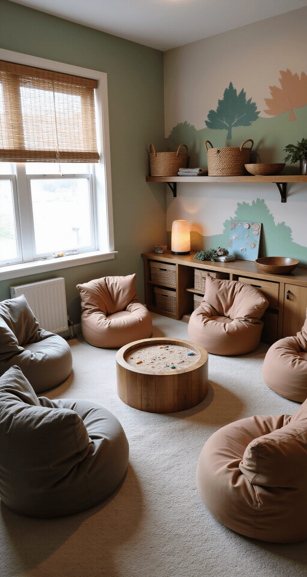 A cozy special education resource room with a semicircle of muted earth-toned bean bag chairs and a low round table, featuring a sensory area with a small fountain and fidget tools, and a calming corner with a rocking chair and weighted blankets, all illuminated by soft morning light filtering through bamboo blinds.