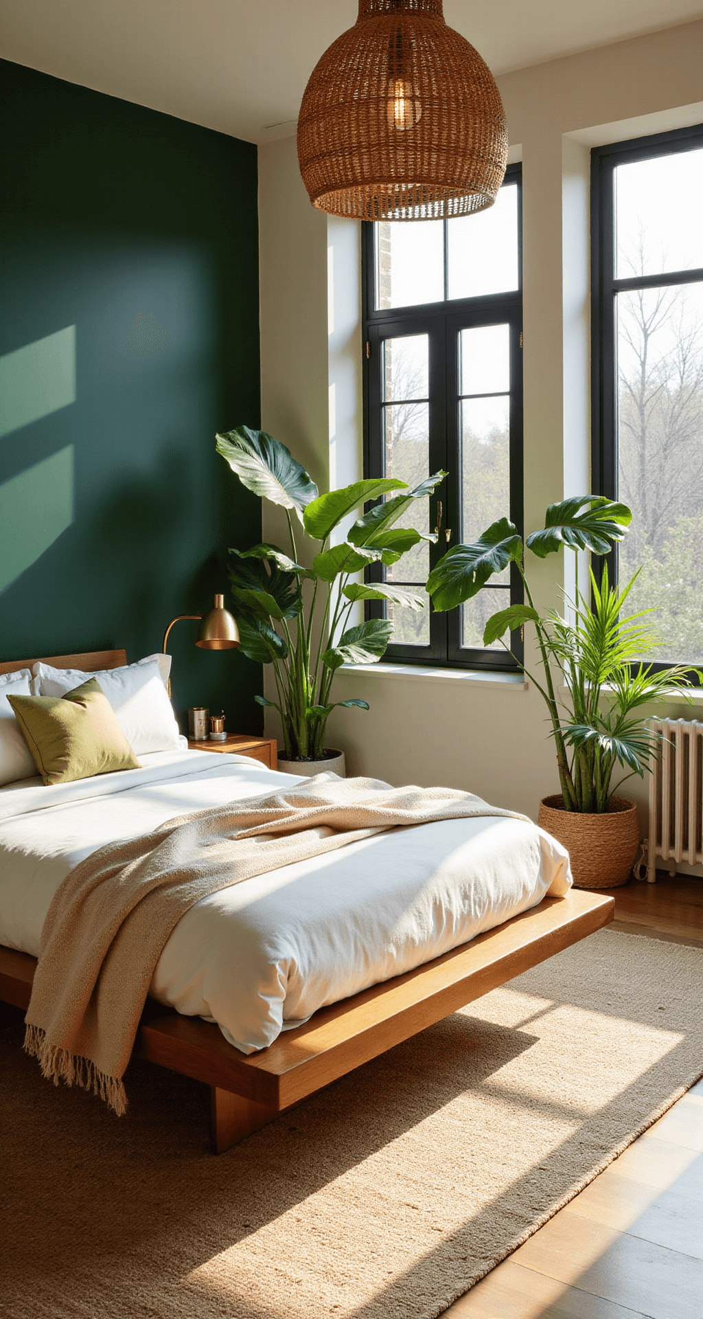 A luxurious biophilic bedroom featuring an emerald green accent wall, a floating wooden bed with ivory linens, and large plants by floor-to-ceiling windows, layered rugs, and organic textures enhanced by warm lighting.