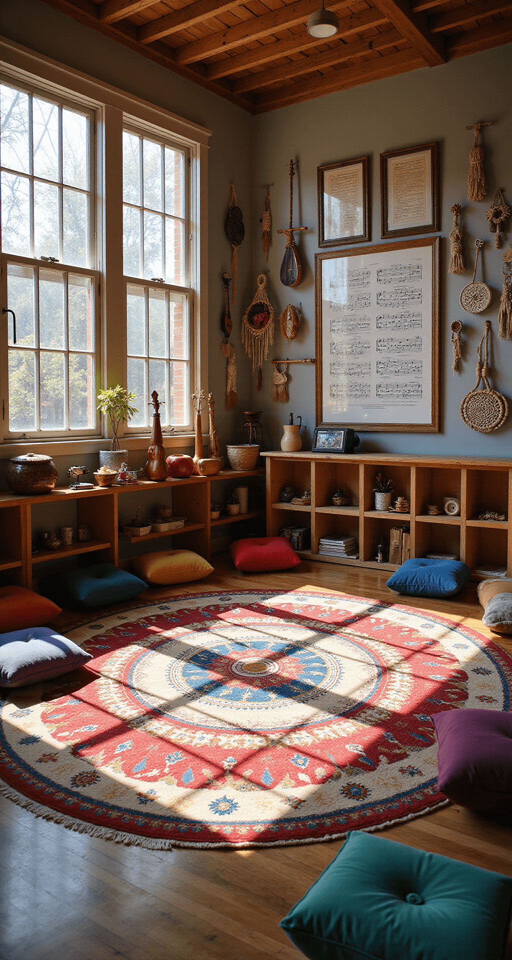A vibrant music classroom with sunlight streaming through stained glass window decals, illuminating a circular area rug with a mandala pattern surrounded by floor cushions. The room features reclaimed wood shelving displaying various musical instruments, a wall collage of vintage sheet music frames, and macramé hangings with student-made instruments, all set in a rich jewel color scheme.