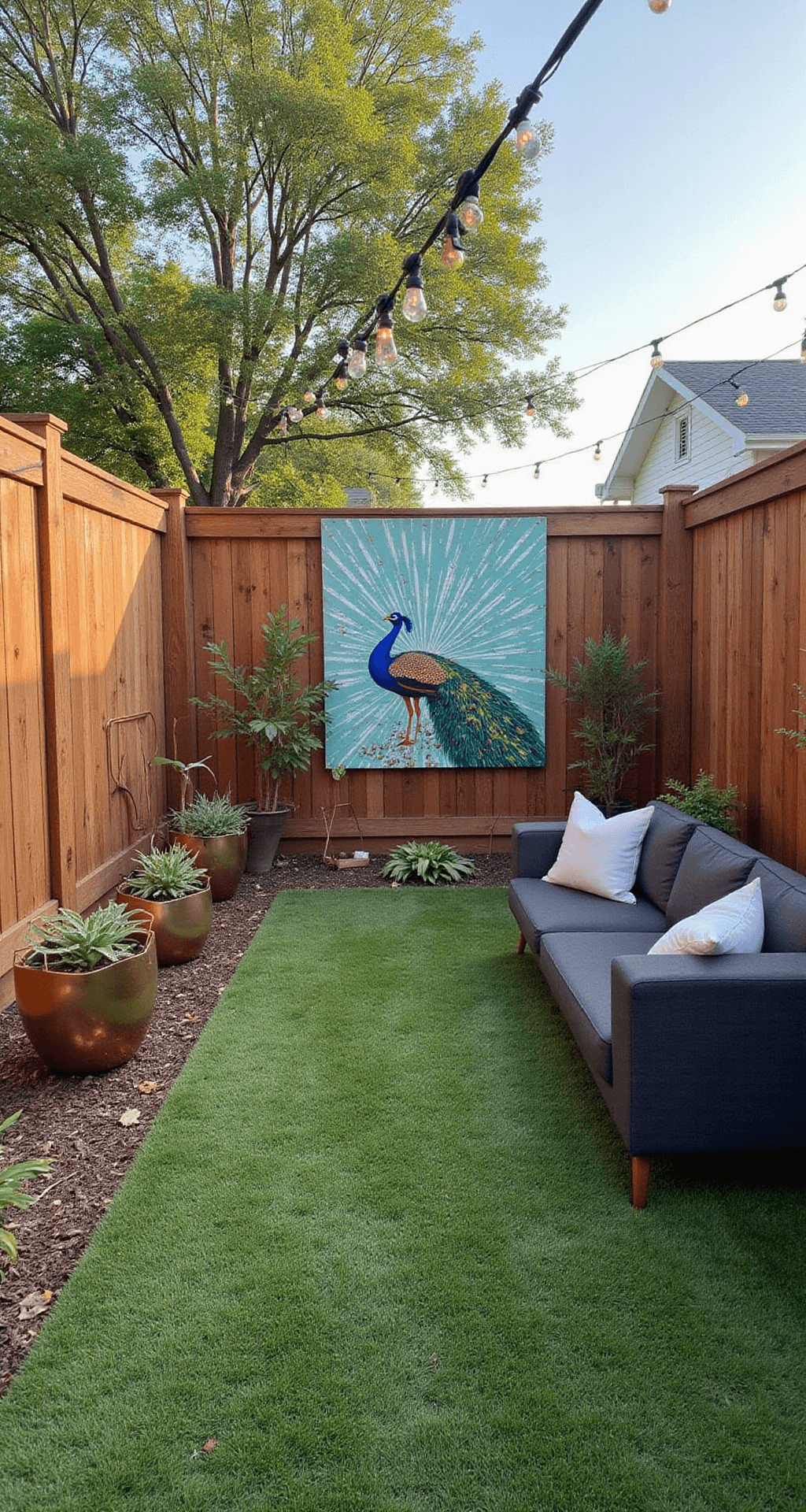 A wide shot of a sun-drenched suburban backyard featuring a freshly stained wooden fence adorned with a vibrant hand-painted peacock mural, surrounded by geometric metal planters filled with succulents, string lights overhead, modern abstract metal art, and a sleek outdoor sofa in charcoal gray.