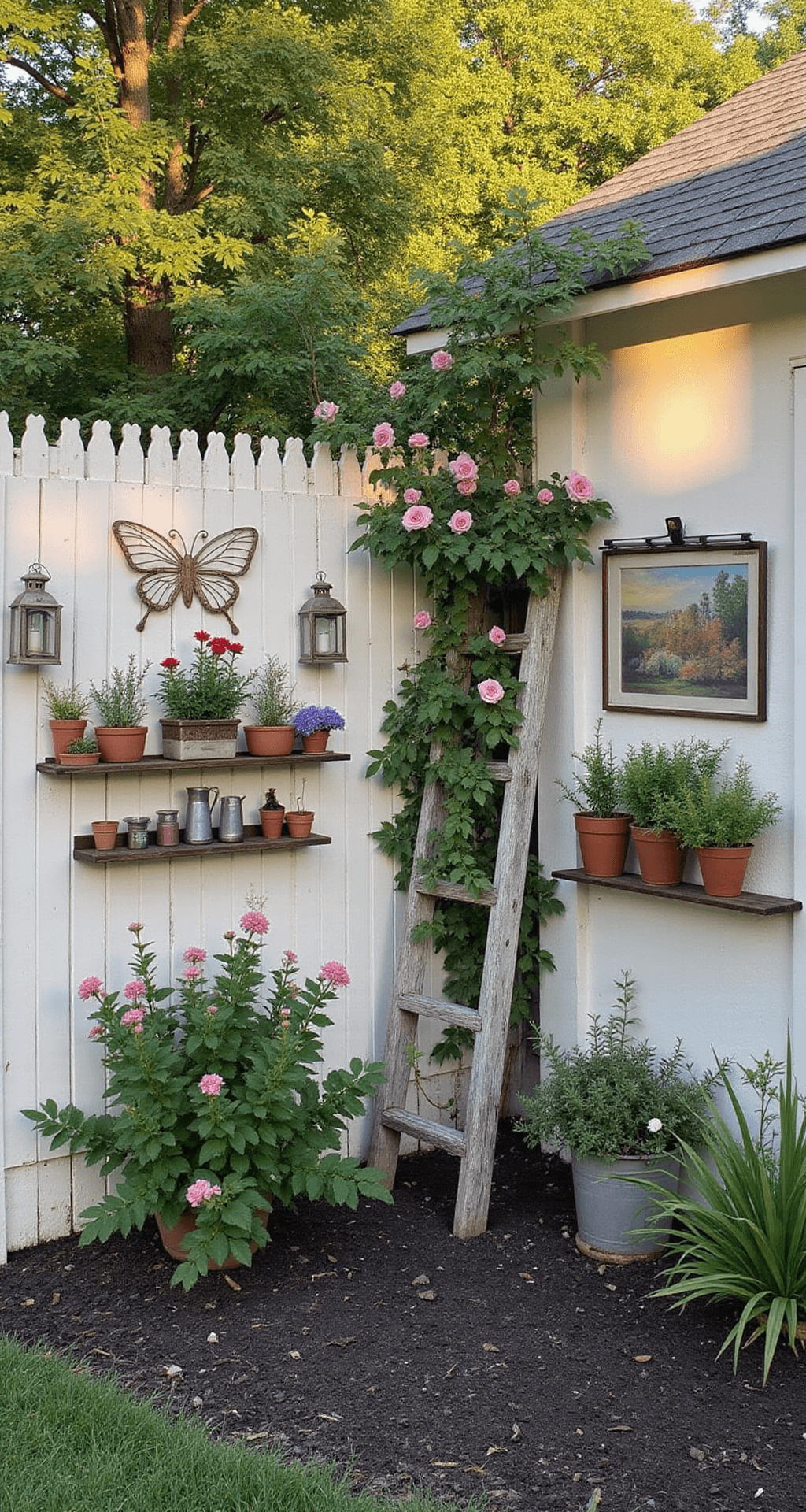 A cozy cottage garden at golden hour featuring a soft cream picket fence adorned with climbing pink roses, vintage lanterns, and an eclectic mix of potted herbs and antique tools on upcycled barn wood shelves. A rustic metal butterfly sculpture anchors the scene, while an old wooden ladder leans against the fence as a plant stand. The warm evening light enhances the color palette of cream, blush pink, and sage green.