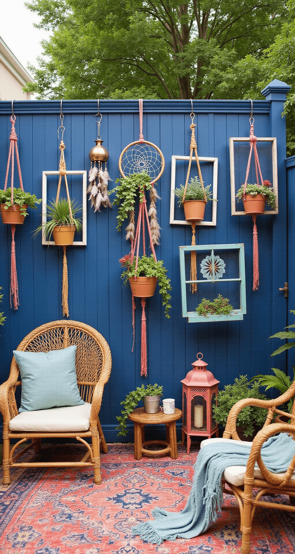 A vibrant bohemian backyard oasis featuring a deep indigo privacy fence adorned with colorful macramé plant hangers, a large dreamcatcher, mismatched pastel window frames, and bright Moroccan-inspired lanterns, all set on a patchwork of outdoor rugs.