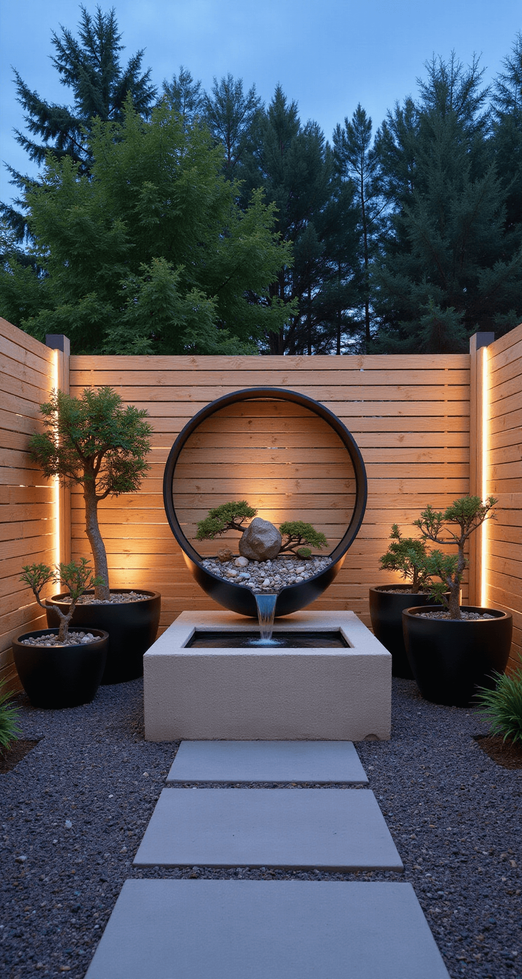 A minimalist Zen garden at dusk featuring a light cedar wood slat fence, a large circular metal moon gate with a rock garden, sleek black metal planters with bonsai trees, concealed LED strip lighting, and a water feature against a stone wall, all set in raked gravel patterns.
