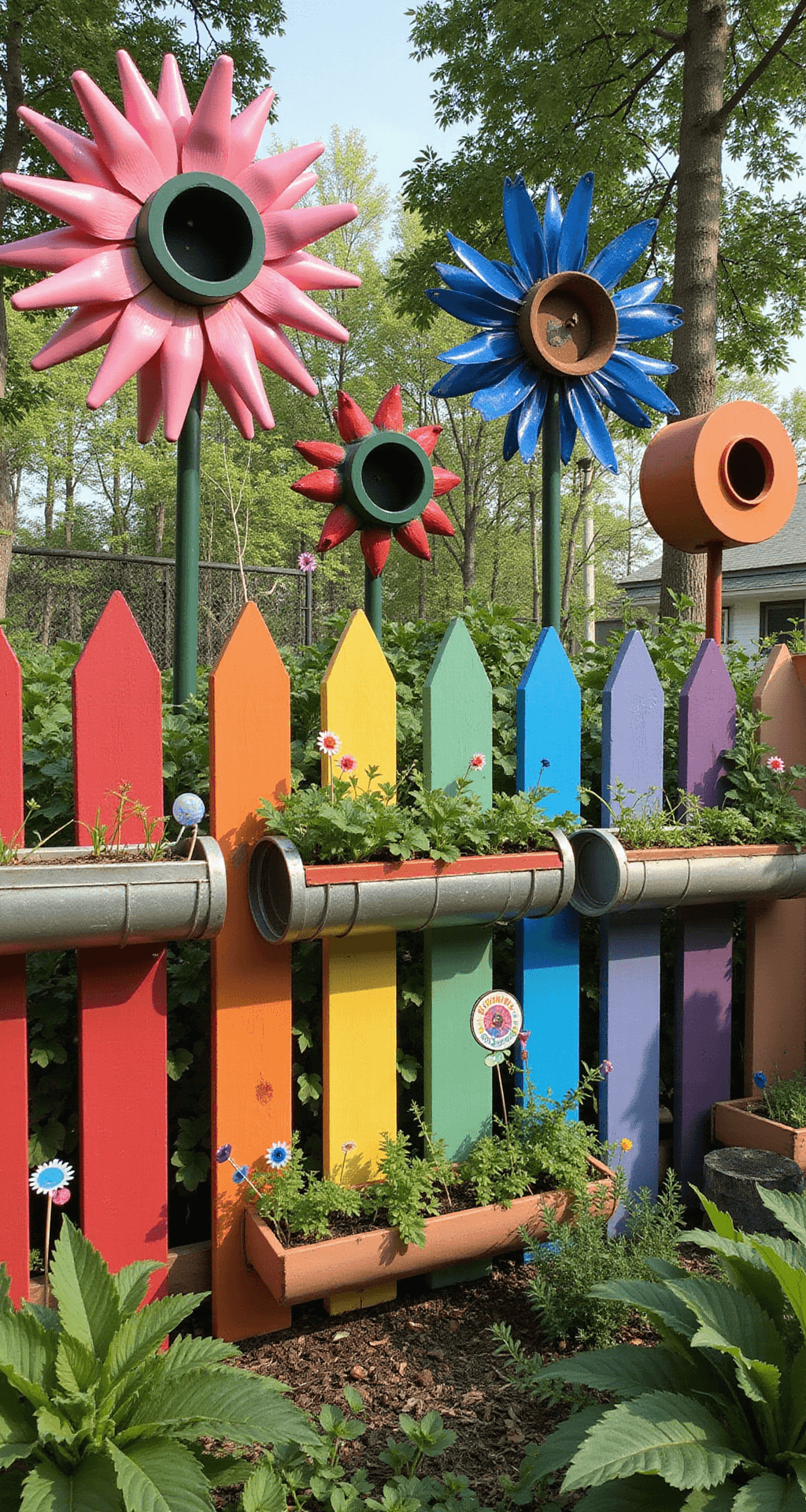 A whimsical children's garden featuring a rainbow-gradient picket fence, oversized flower sculptures made from recycled materials, colorful birdhouses, a vertical strawberry garden in repurposed gutters, pinwheels, bubble wands, and a chalkboard, all set in a cheerful, vibrant color palette. The scene is captured from an elevated angle, resembling a child's treehouse view.
