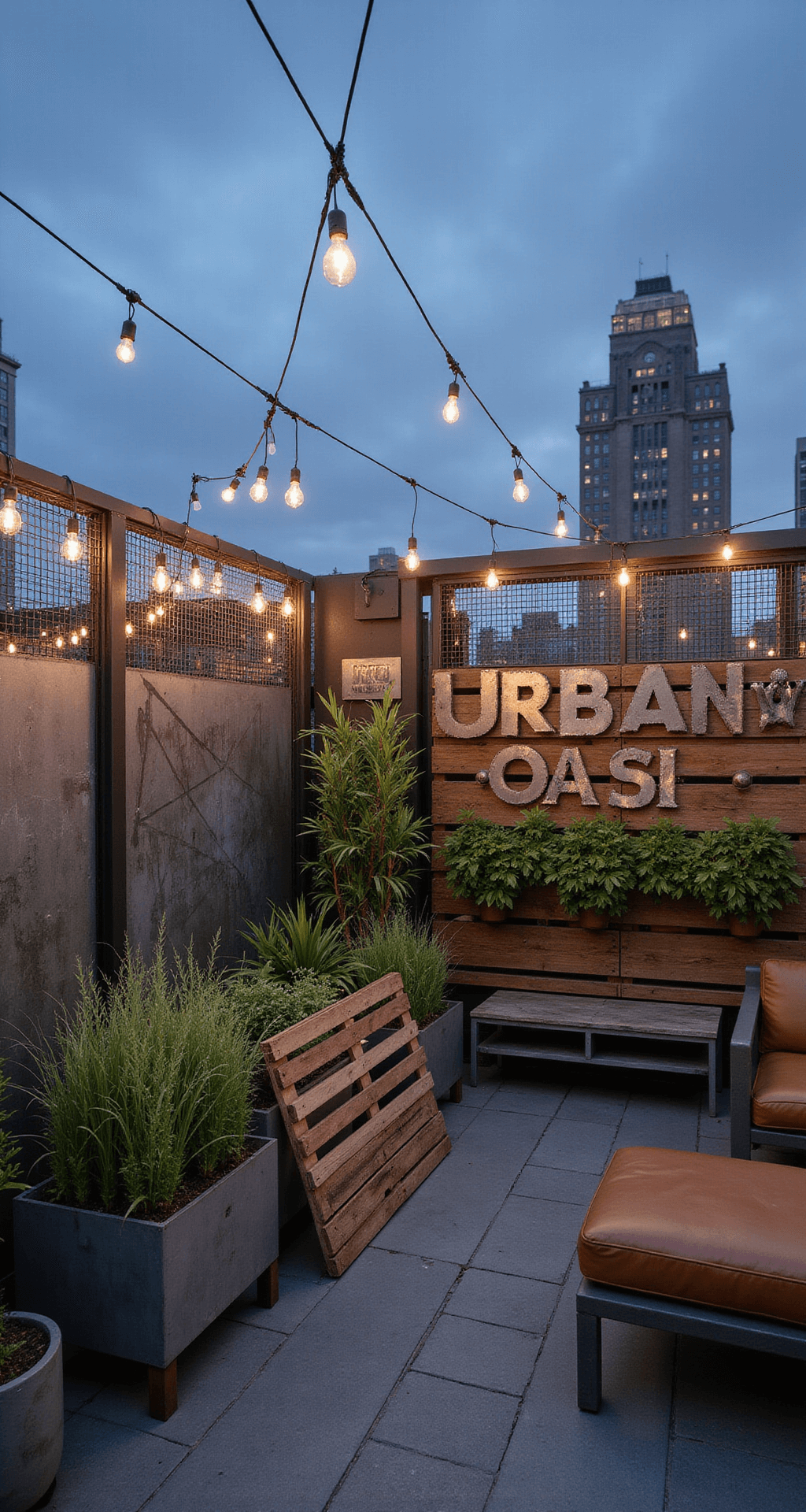 An industrial-chic rooftop terrace at twilight featuring a metal and wire mesh fence, Edison bulb string lights, raw steel planters with ornamental grasses, a geometric mural, mounted metal letter art spelling 'URBAN OASIS', a vertical herb garden made from reclaimed wood pallets, and modern lounge furniture overlooking the cityscape, all in a color palette of weathered metal tones, warm woods, and pops of green.