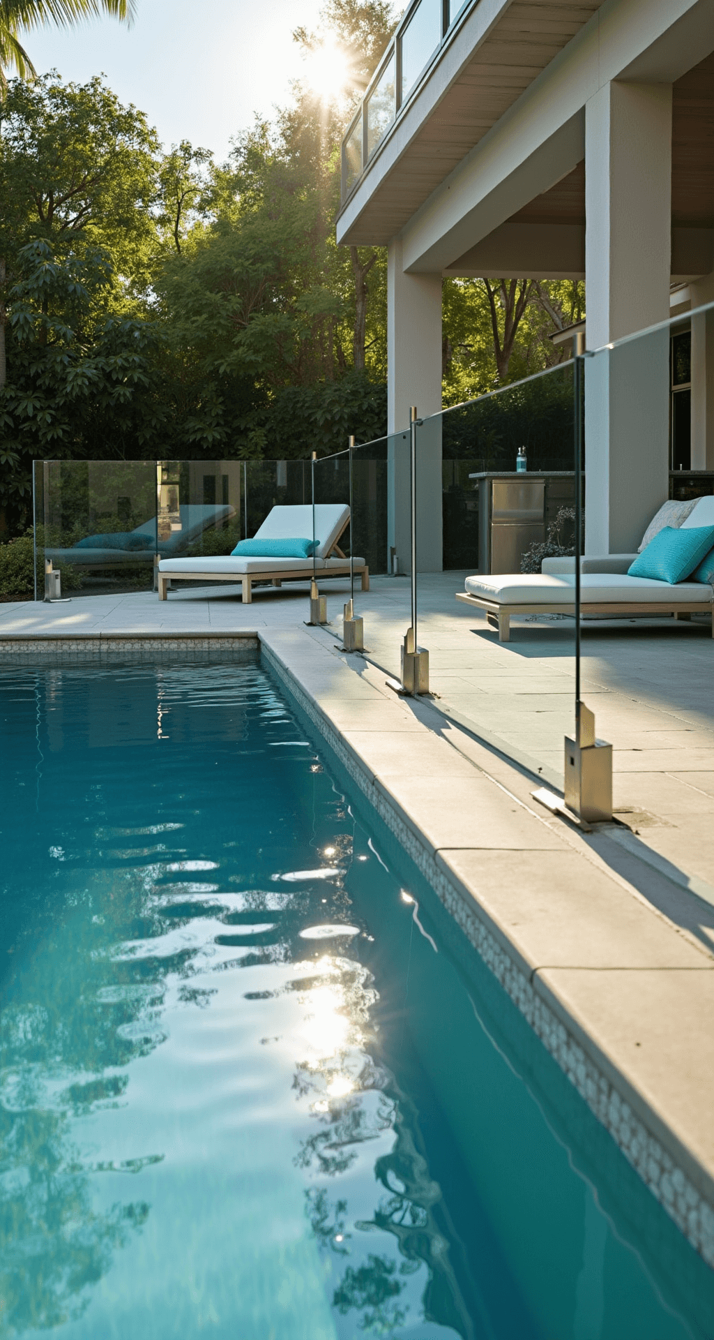 A luxurious poolside scene featuring a rectangular pool surrounded by limestone pavers, framed by a nearly invisible glass fence, with sleek loungers, lush tropical landscaping, and a modern outdoor kitchen, illuminated by late afternoon sunlight.