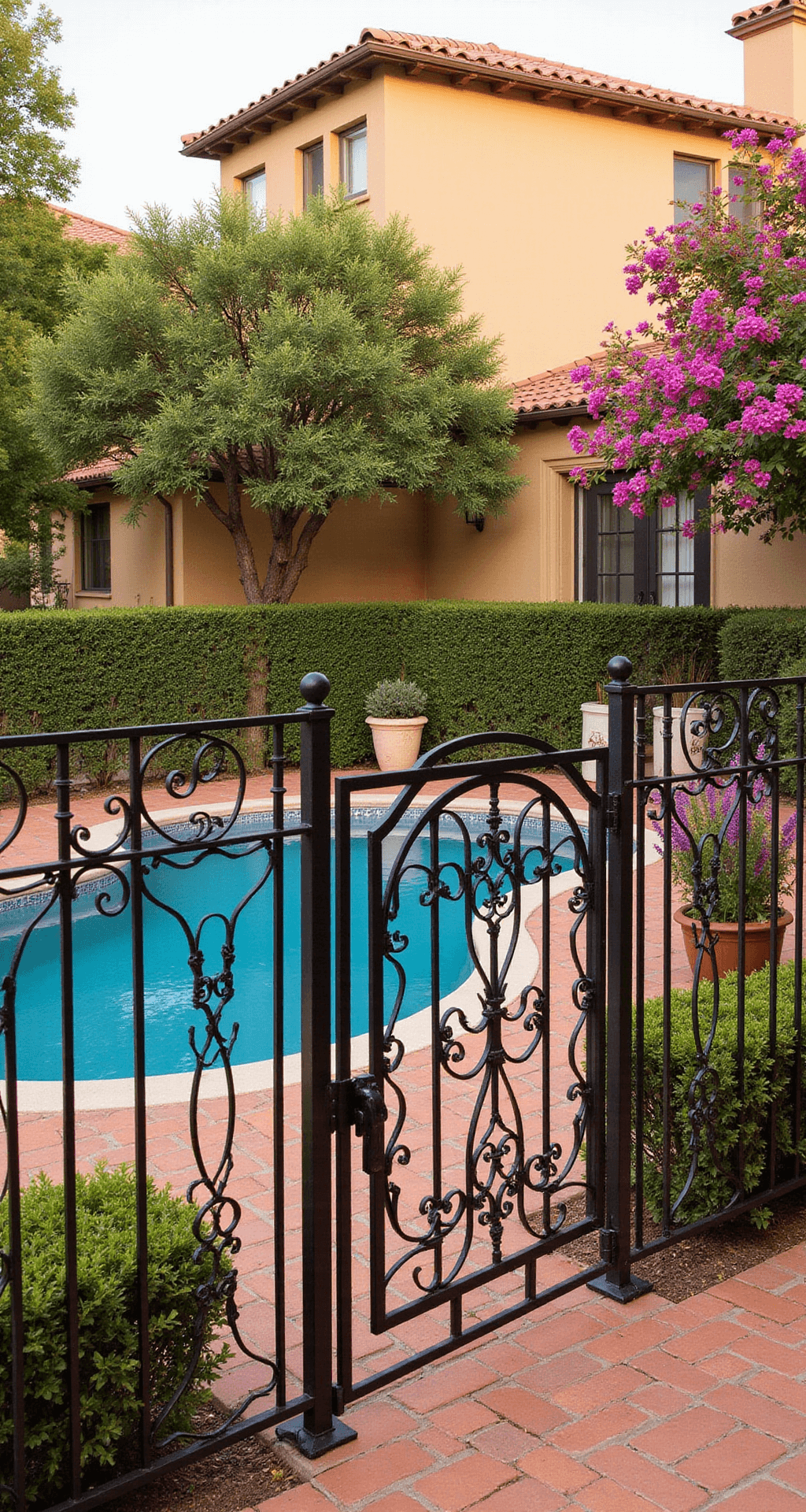 Elegant wrought iron pool fence with ornate scrollwork enclosing a kidney-shaped pool in a Mediterranean-style courtyard, surrounded by boxwood hedges and terracotta tiles, featuring potted citrus trees and bougainvillea, all bathed in warm golden hour light.