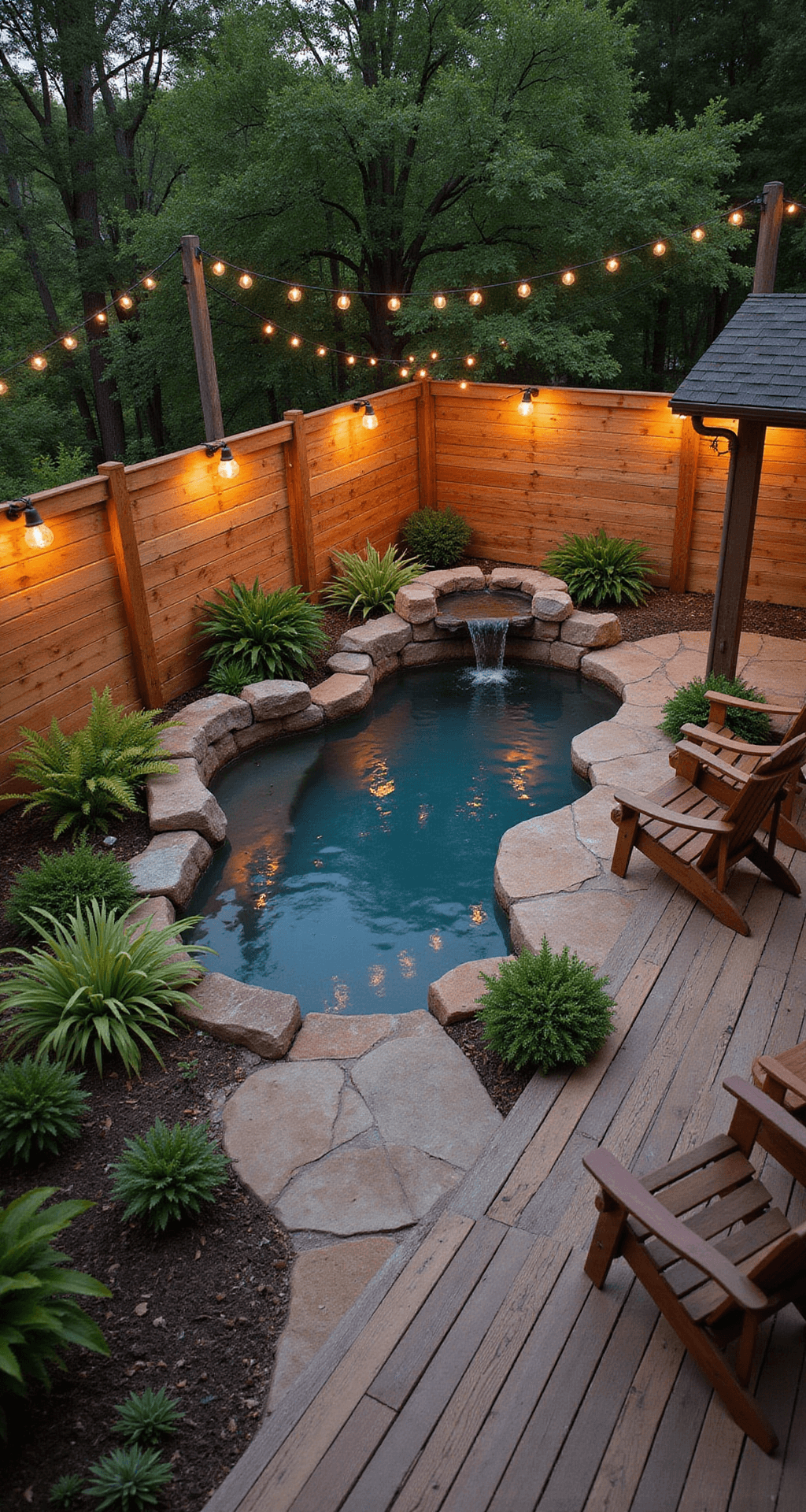 A cozy backyard featuring a rustic wooden fence around a freeform pool with a natural rock waterfall, bordered by lush ferns, illuminated by string lights at dusk, with a wooden deck and Adirondack chairs overlooking the scene.