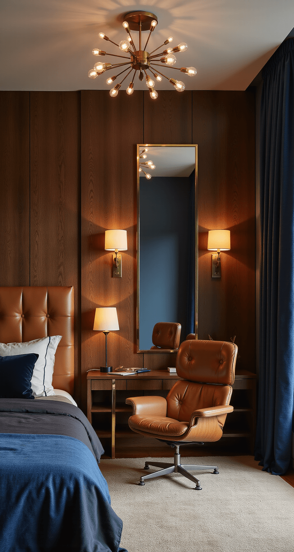 Low-angle shot of a stylish Mid-Century Modern bedroom featuring a walnut-paneled accent wall, a channel-tufted leather headboard, and an Eames lounge chair in a reading nook, all illuminated by a Sputnik chandelier and warm sconces, with jewel-toned pillows and rich color contrasts.